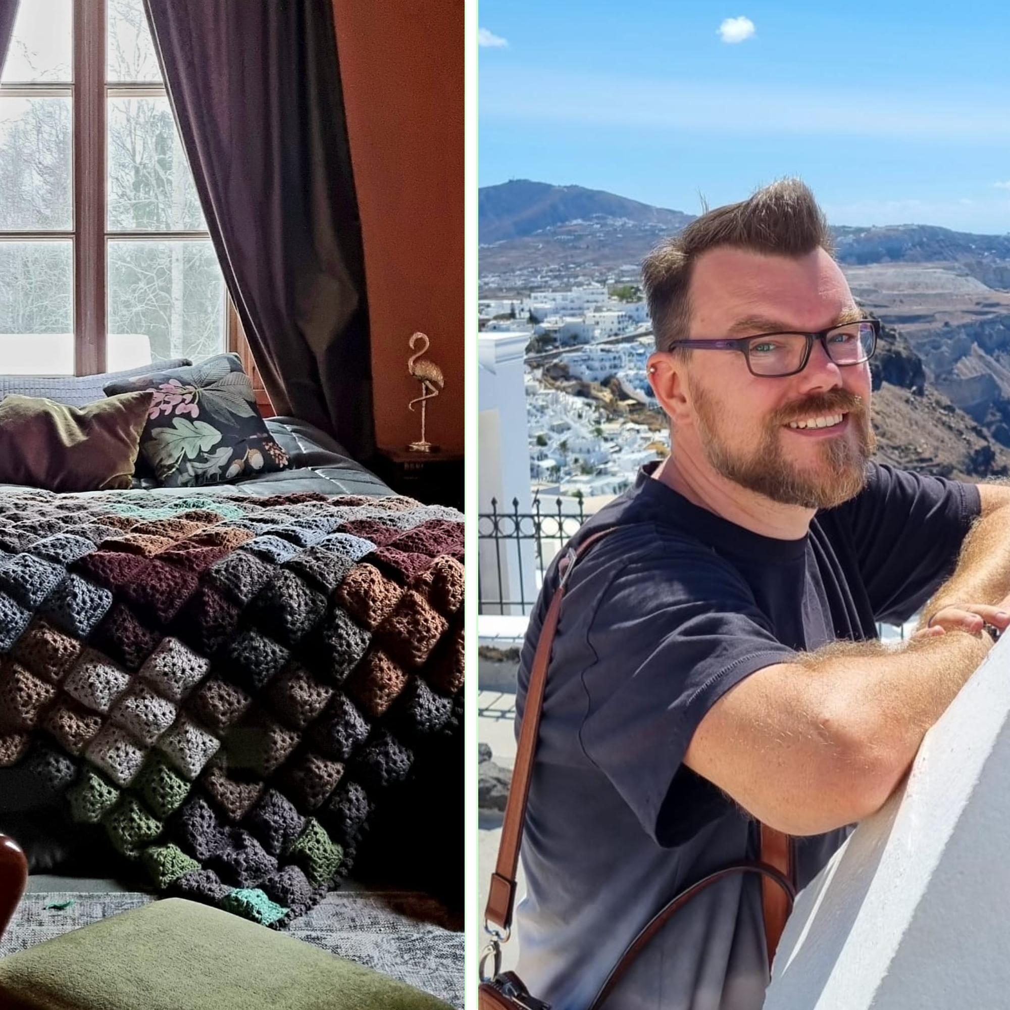 Hooked on crochet! Jani made a granny-square moss blanket in forest shades: “If I remember correctly, it has 234 squares”