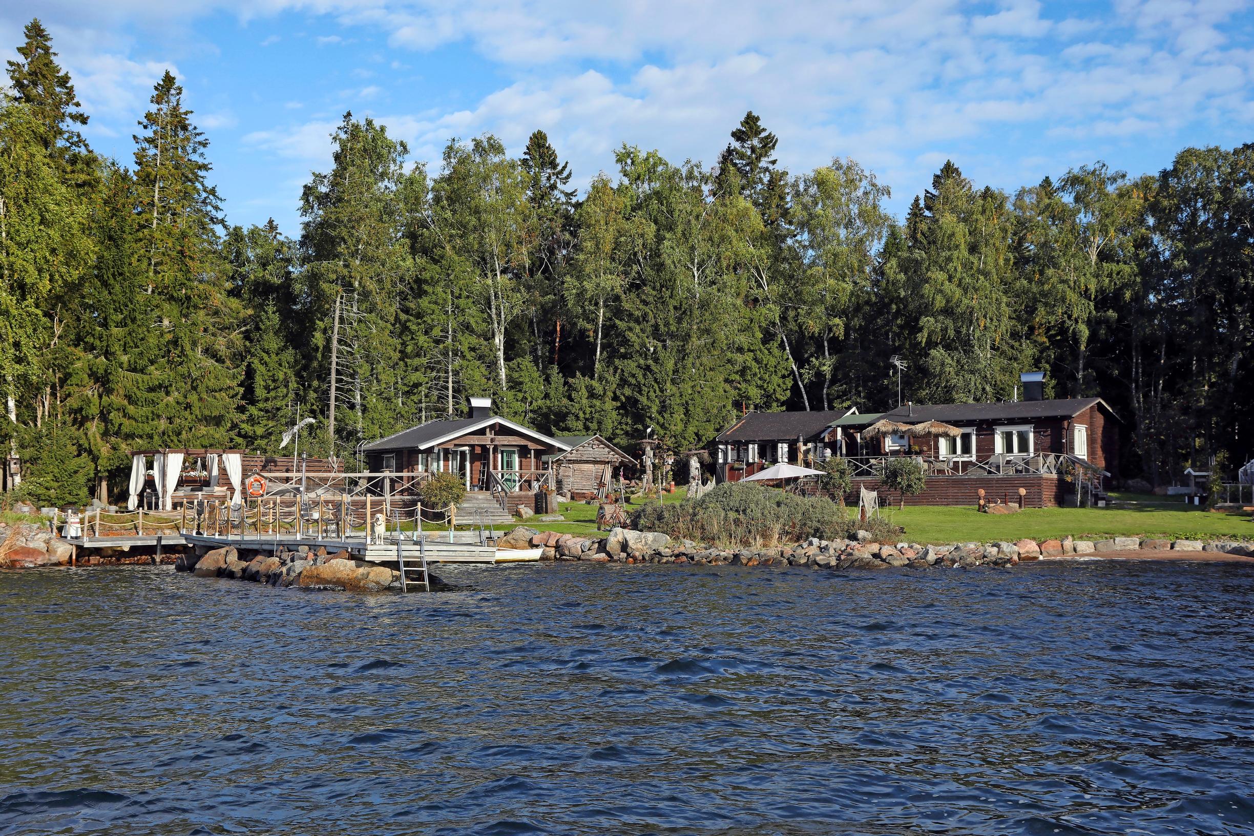 Brown buildings by the shore, a dock, and forest in the background.