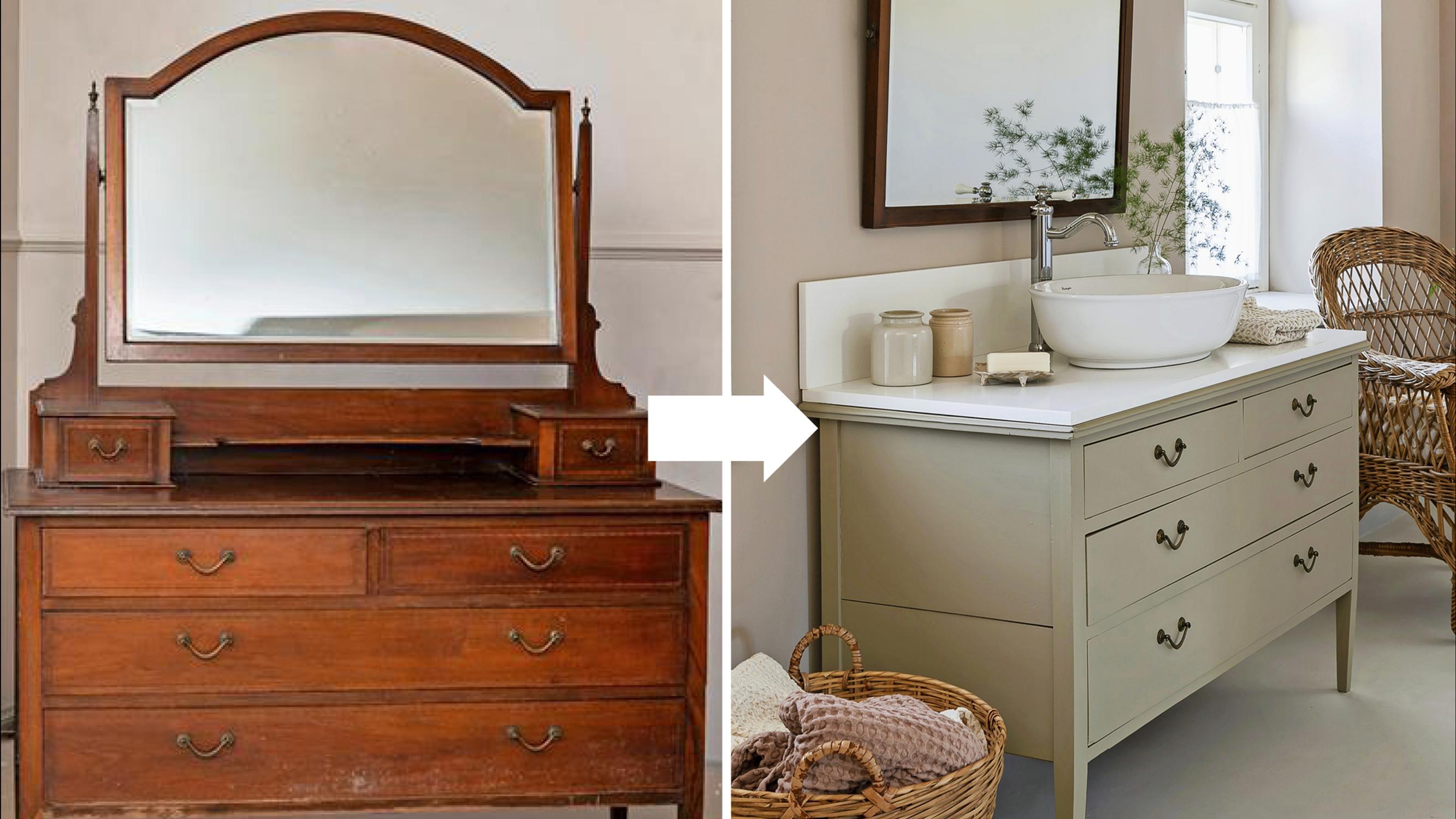 What a transformation! This is how a worn-out dresser becomes a gorgeous vanity