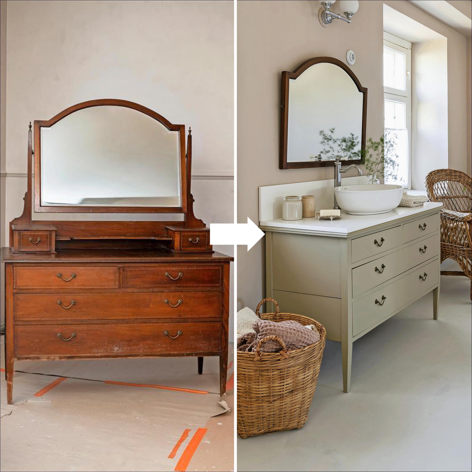 What a transformation! This is how a worn-out dresser becomes a gorgeous vanity