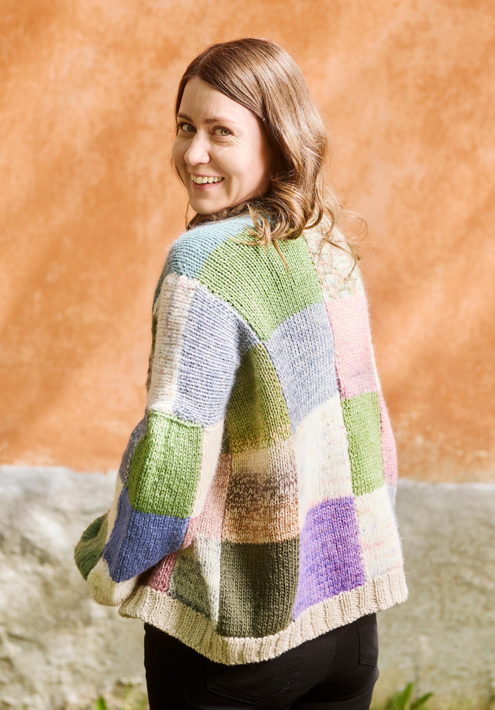 Pastel knit patchwork cardigan from the back