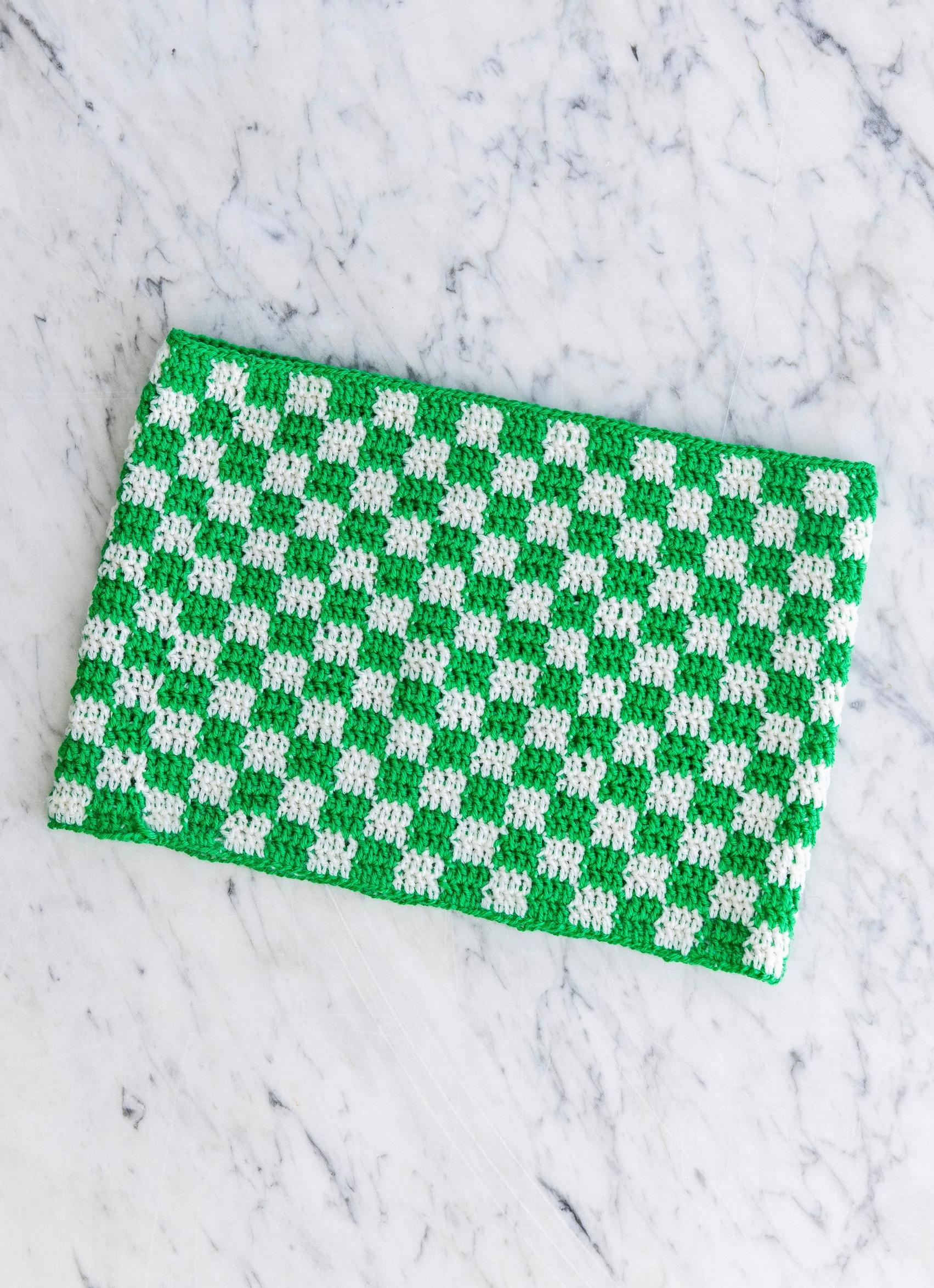 White and green crocheted checkerboard cowl