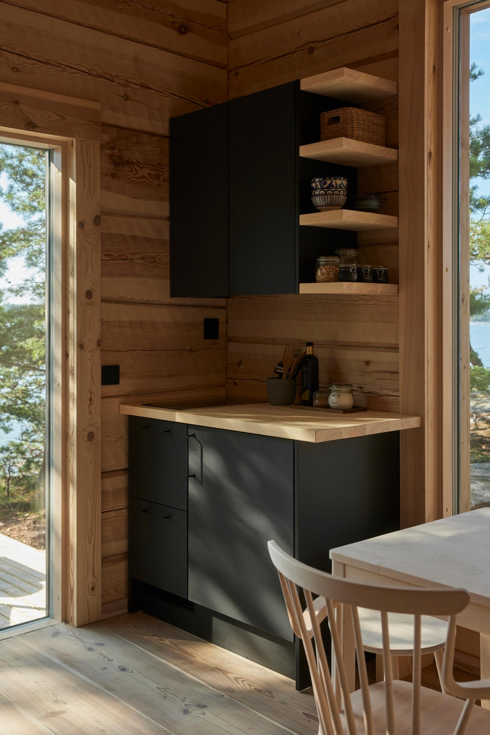 A compact kitchen in the sauna living room.
