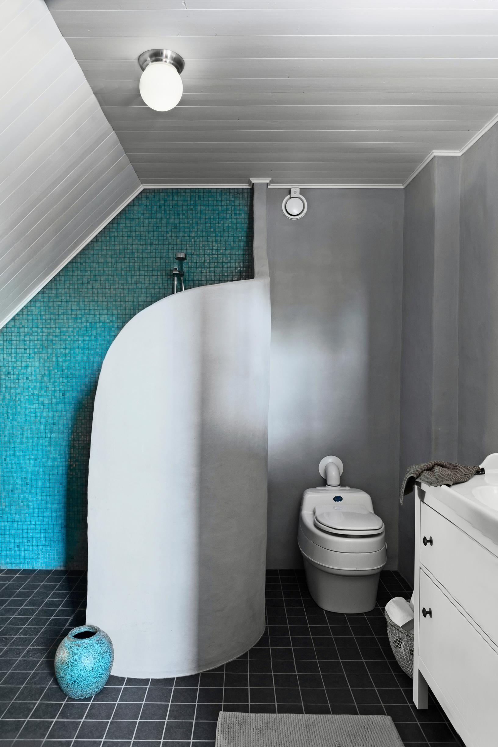 A curved shower wall and eco toilet in the bathroom