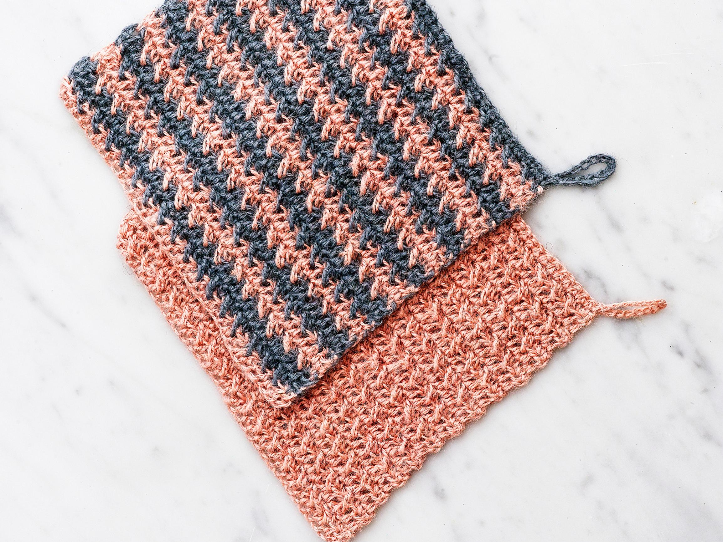 Crochet a dishcloth—textured hemp yarn and a touch of color