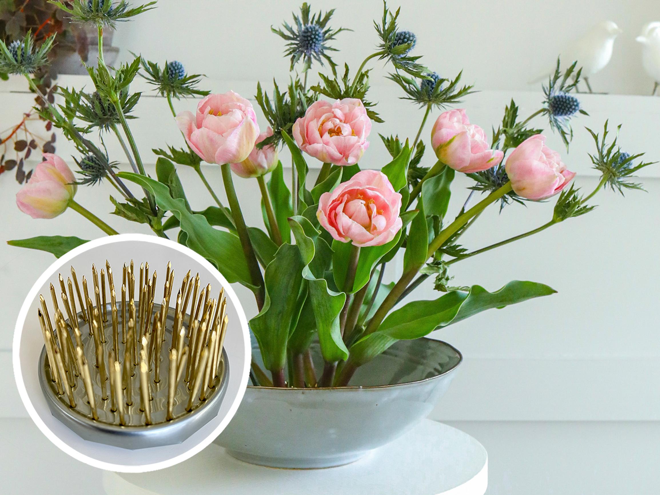 A pin frog is a great help when arranging flowers—make your own from a tin can!