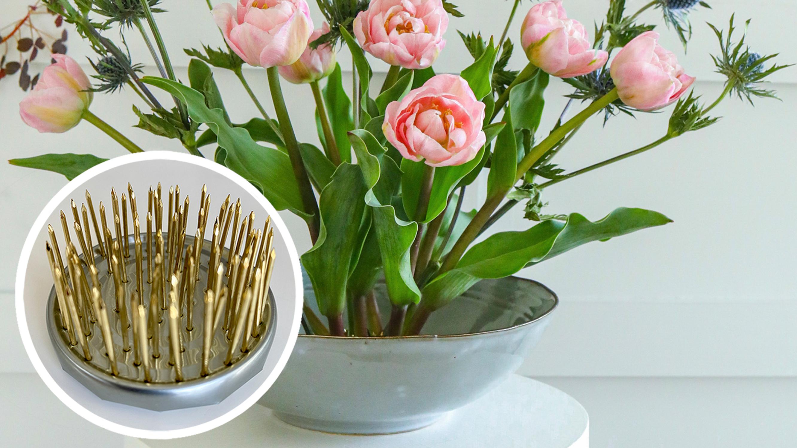 A pin frog is a great help when arranging flowers—make your own from a tin can!