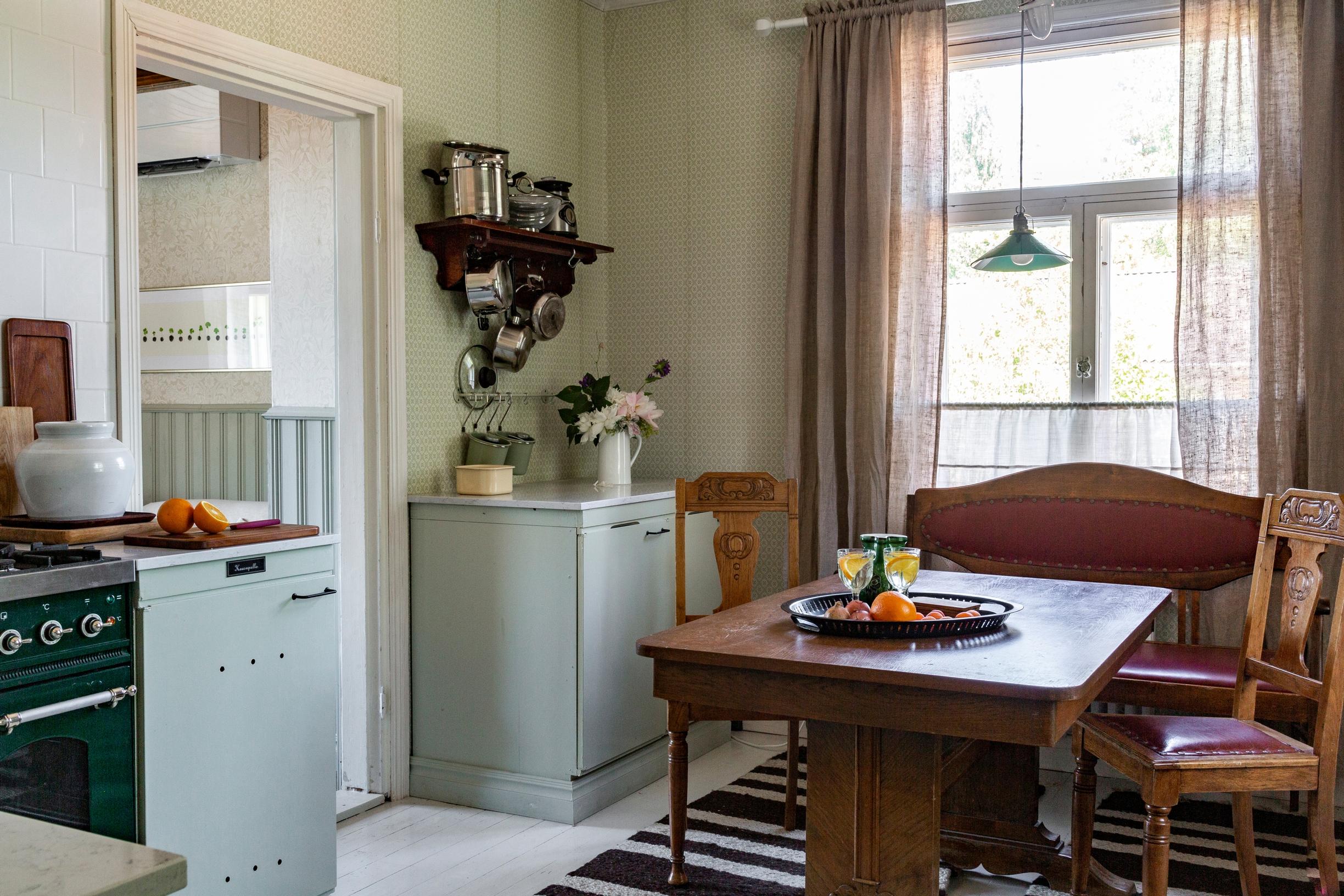 The built-in kitchen cabinets are reused.