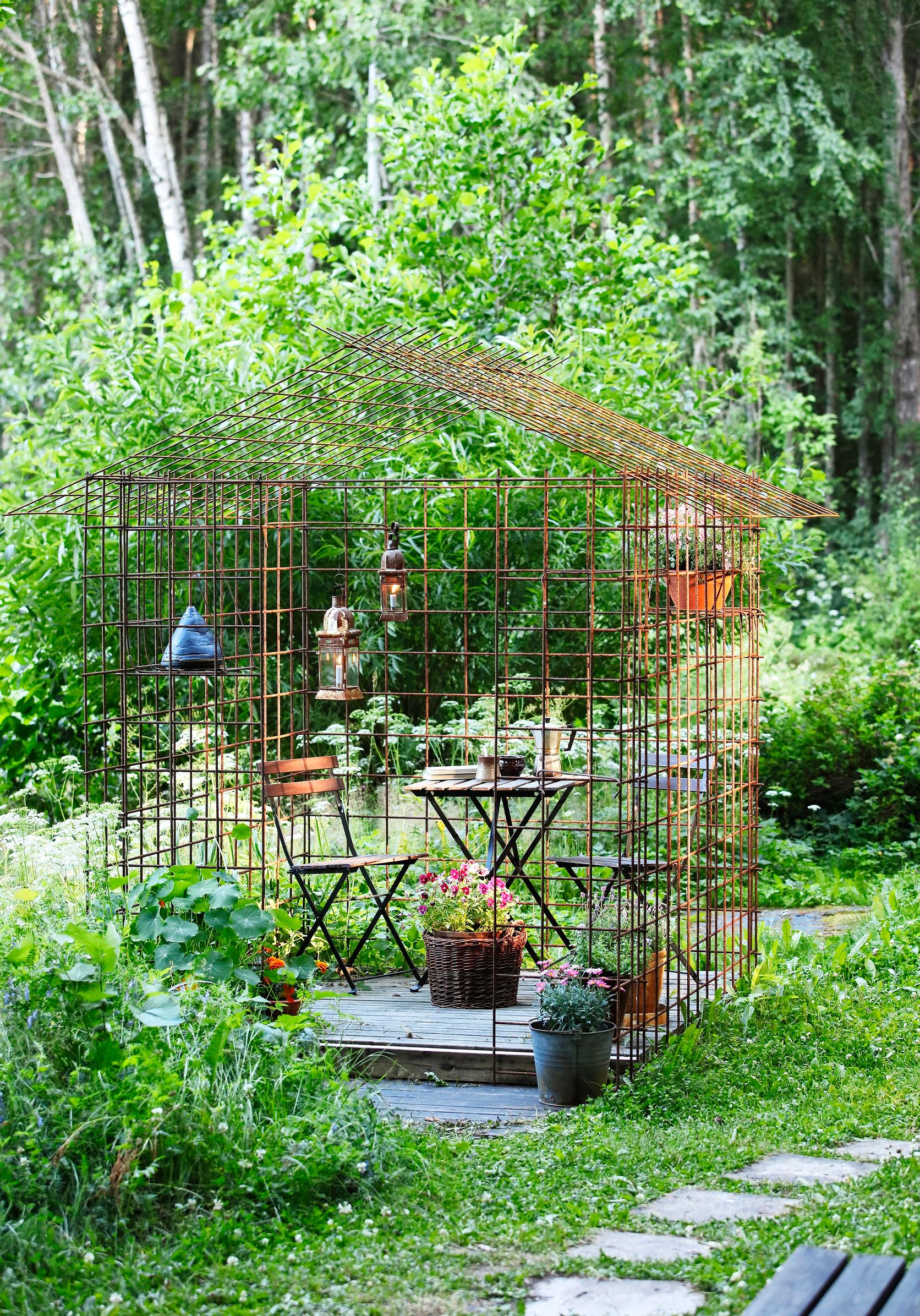 A gazebo made from reinforcement mesh