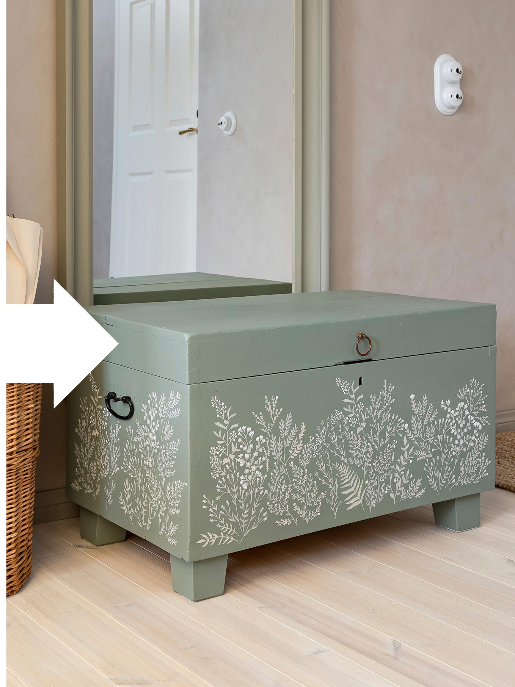 Worn pine chest? Transform it with paint and stencils—try blogger Katja Rinkinen’s easy method