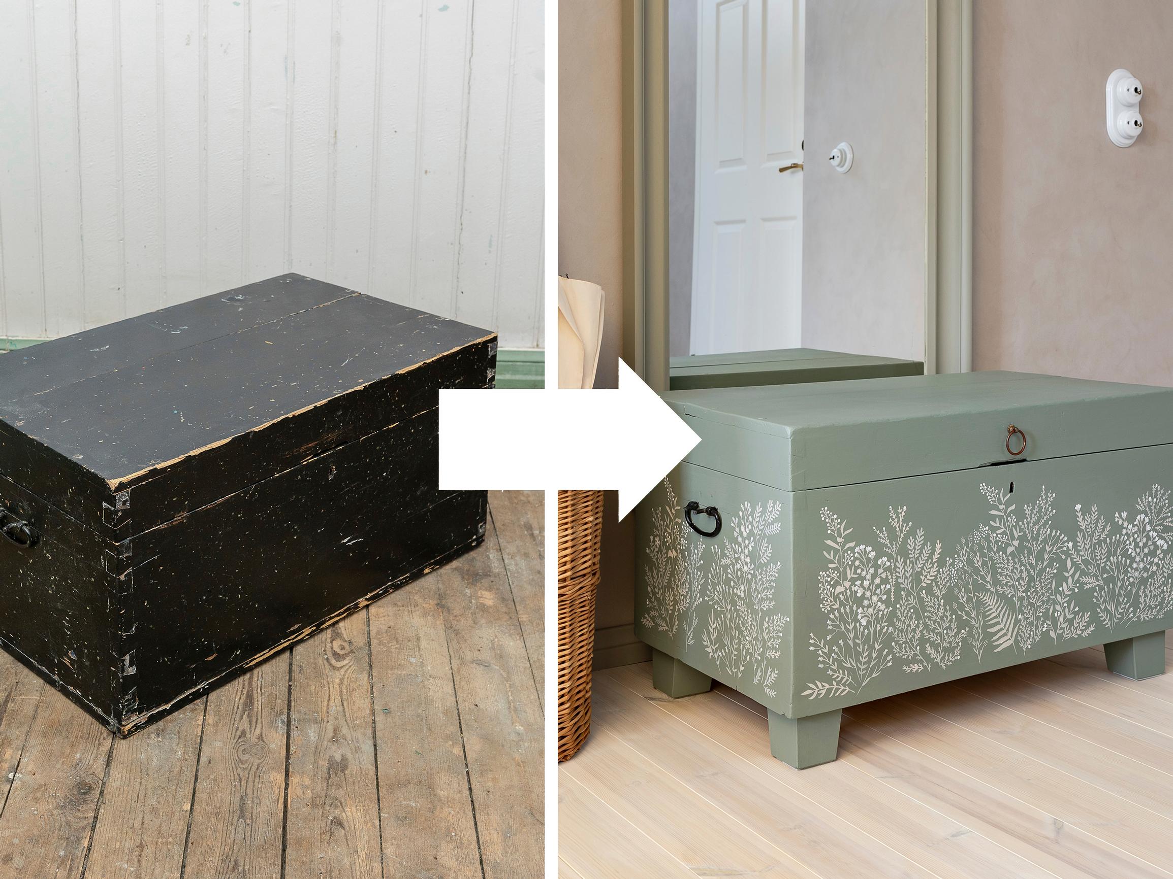 Worn pine chest? Transform it with paint and stencils—try blogger Katja Rinkinen’s easy method