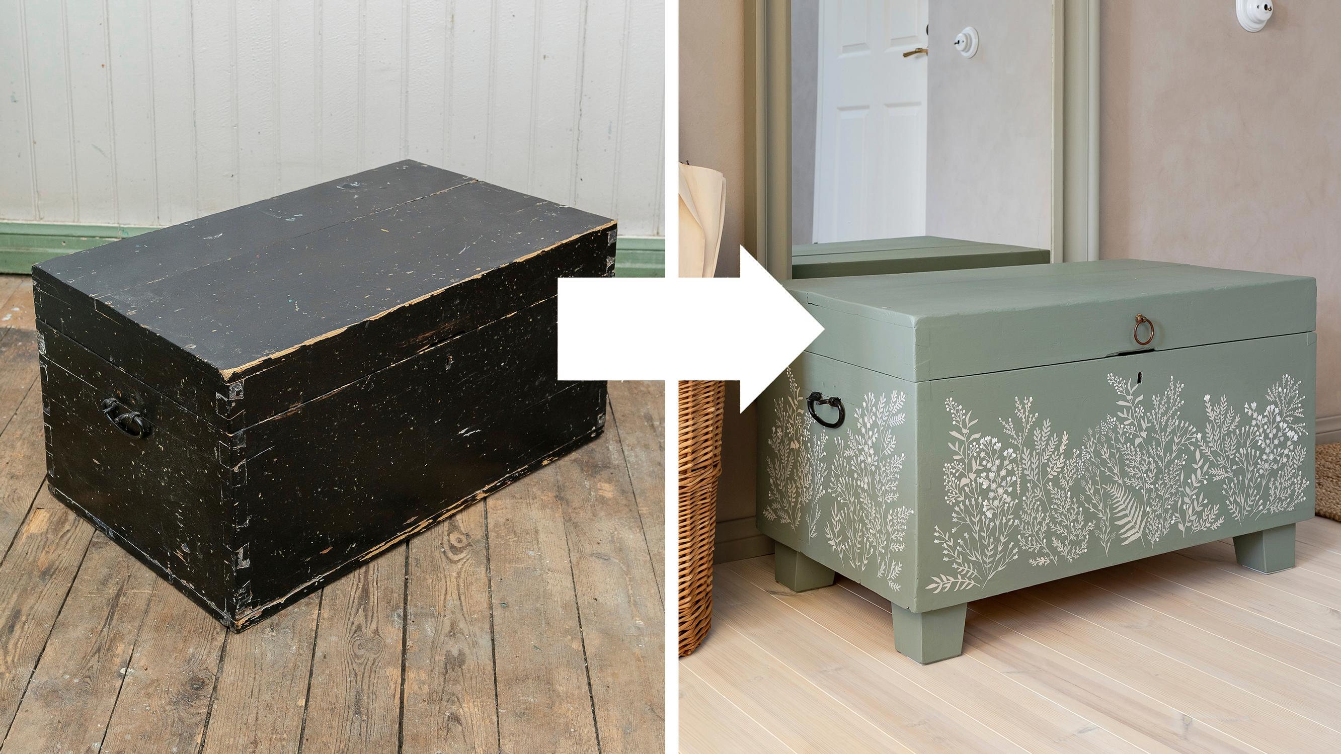 Worn pine chest? Transform it with paint and stencils—try blogger Katja Rinkinen’s easy method