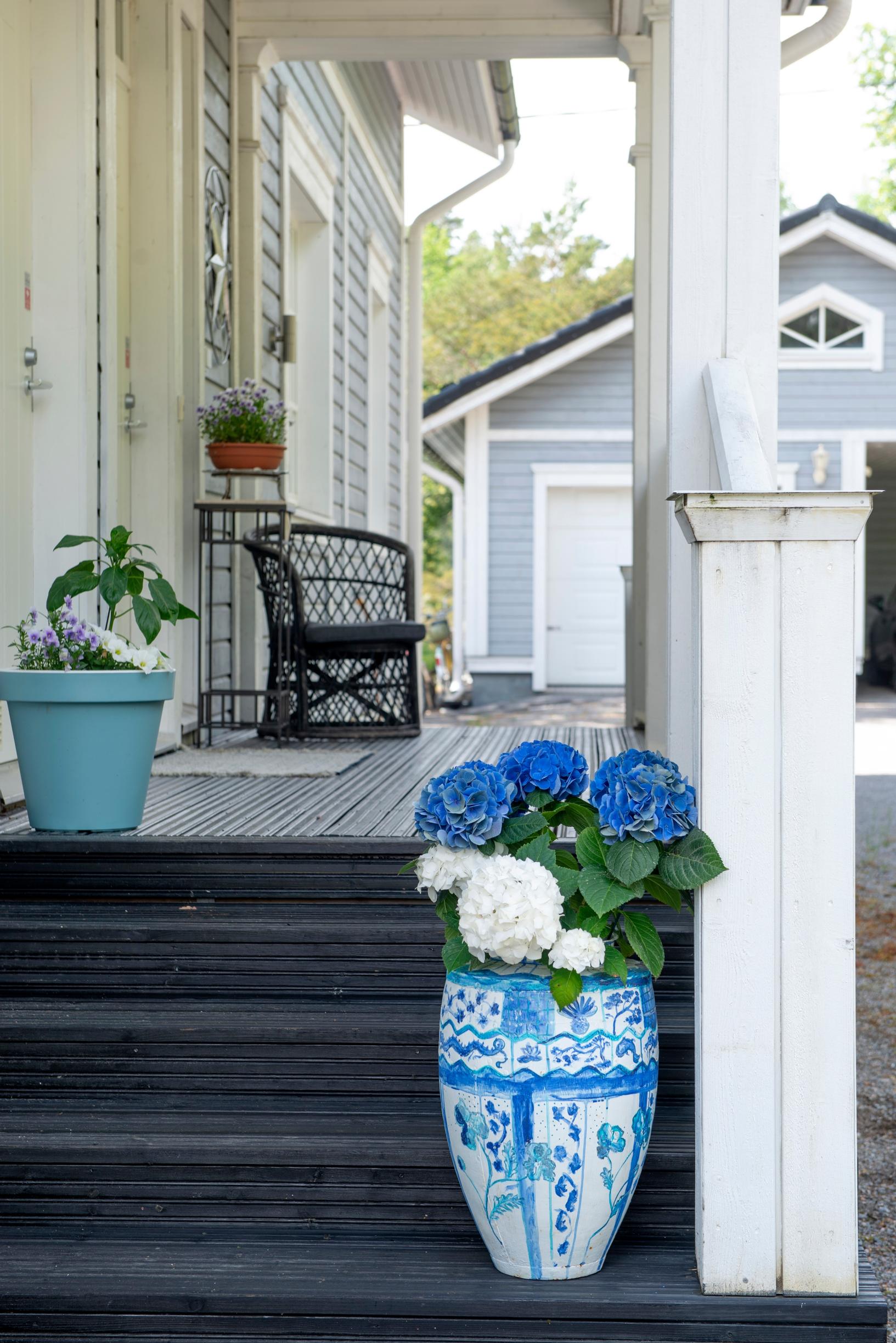 blue hydrangeas in a pot on the porch