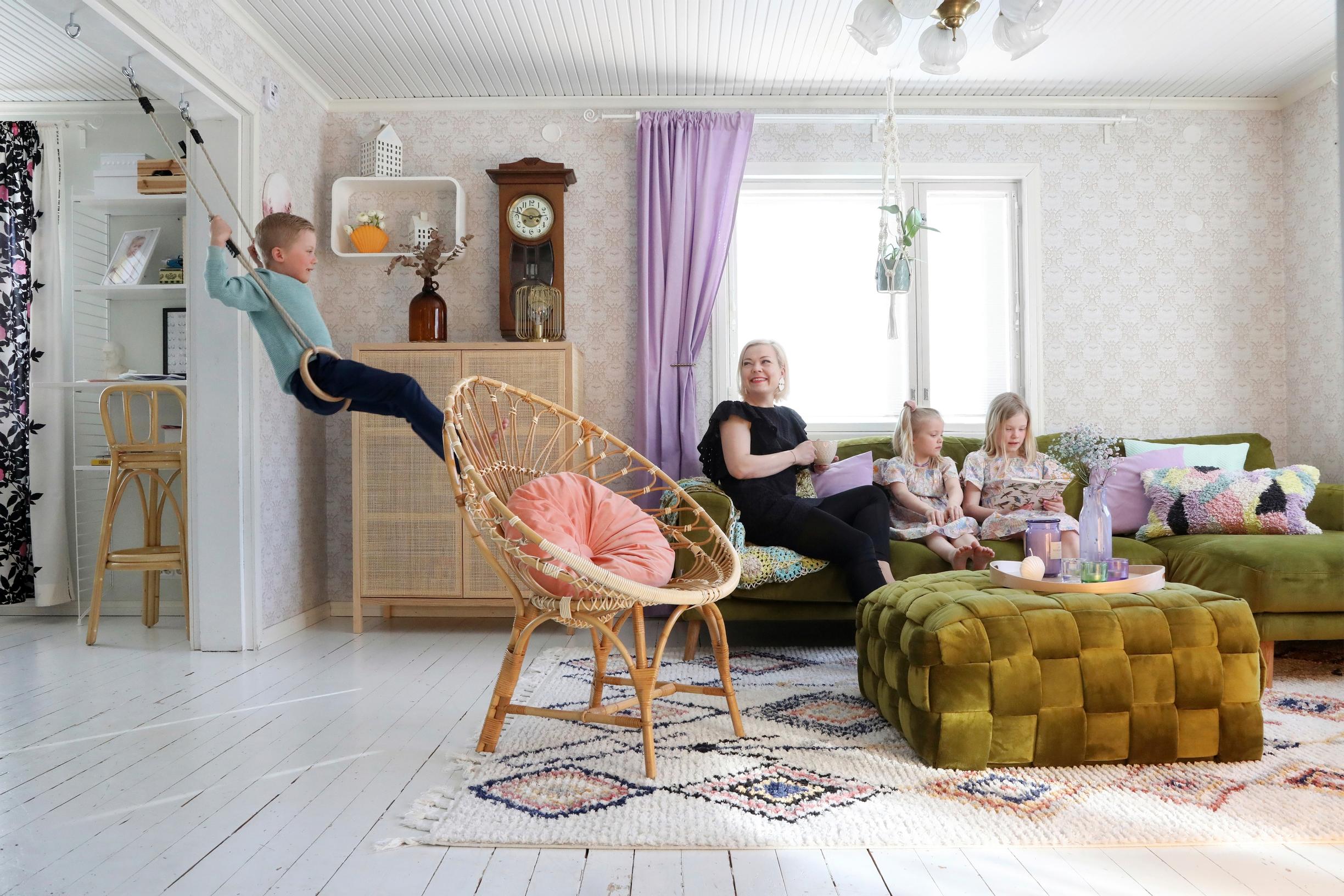 Mushka’s living room with colorful furniture.