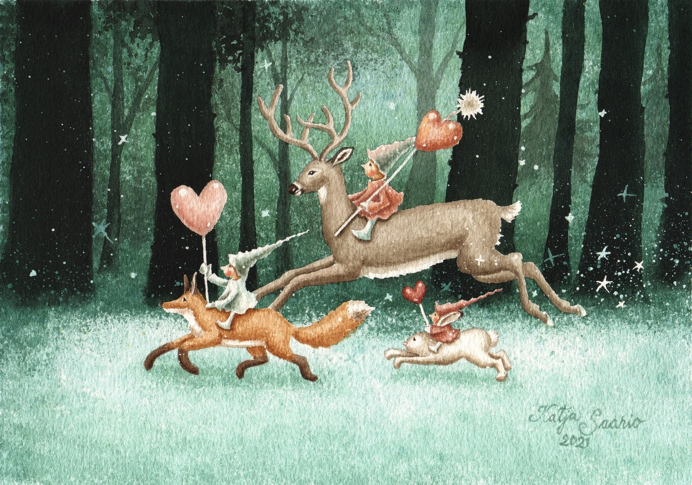 A postcard designed by Katja Saario with elves riding forest animals
