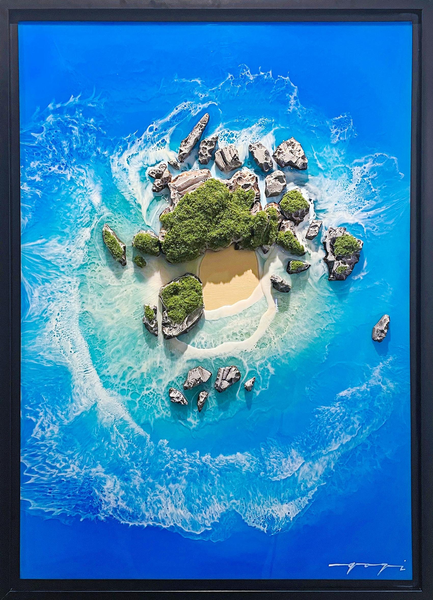 A painting by Gogi depicting a paradise island.