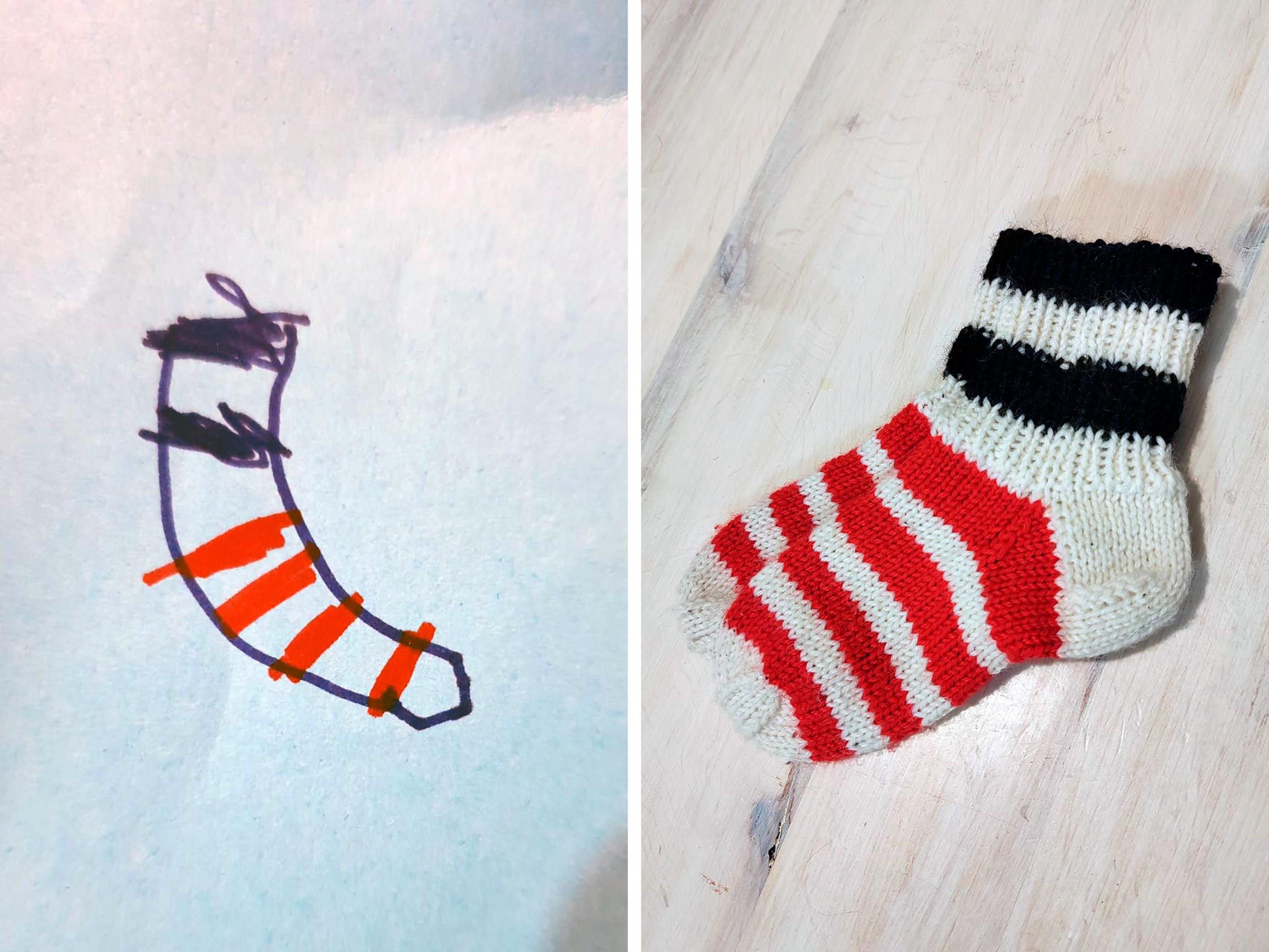 Väinö’s dream socks drawn at age four: the drawing and Eija’s final version