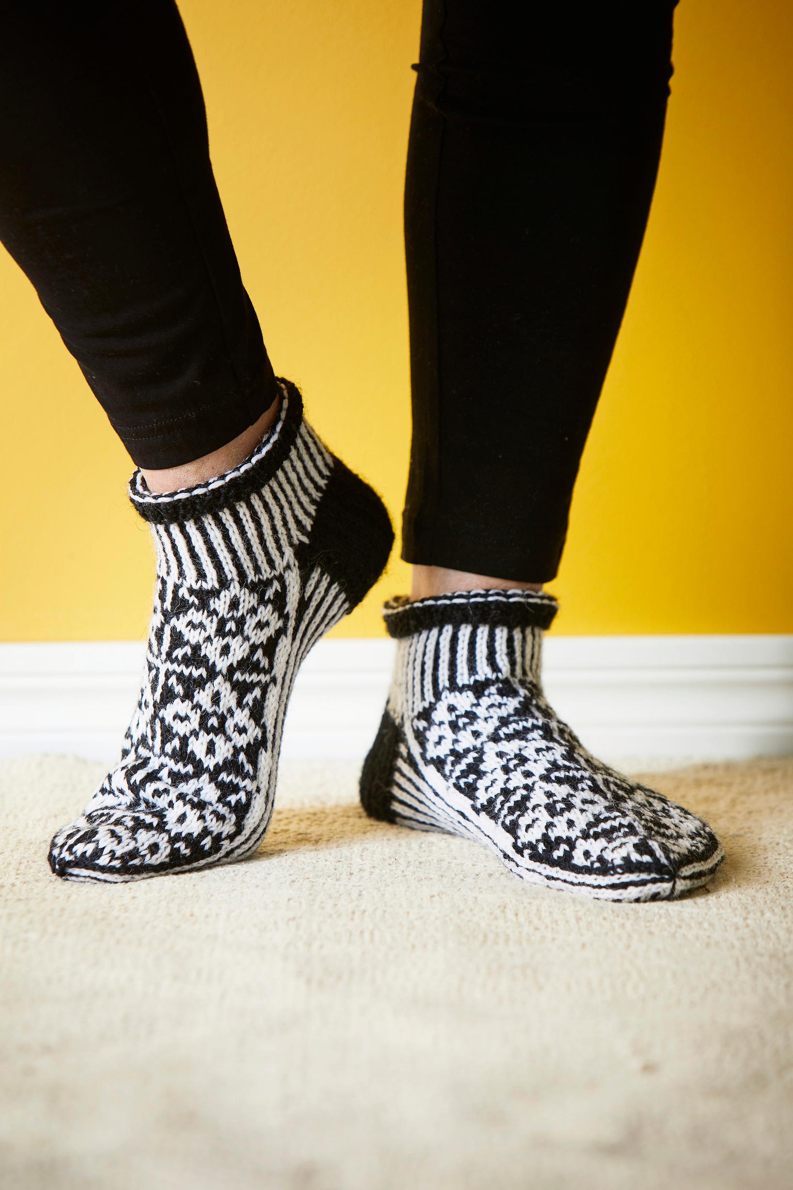 These short-legged colorwork socks are the ideal house slippers—see how to knit them yourself