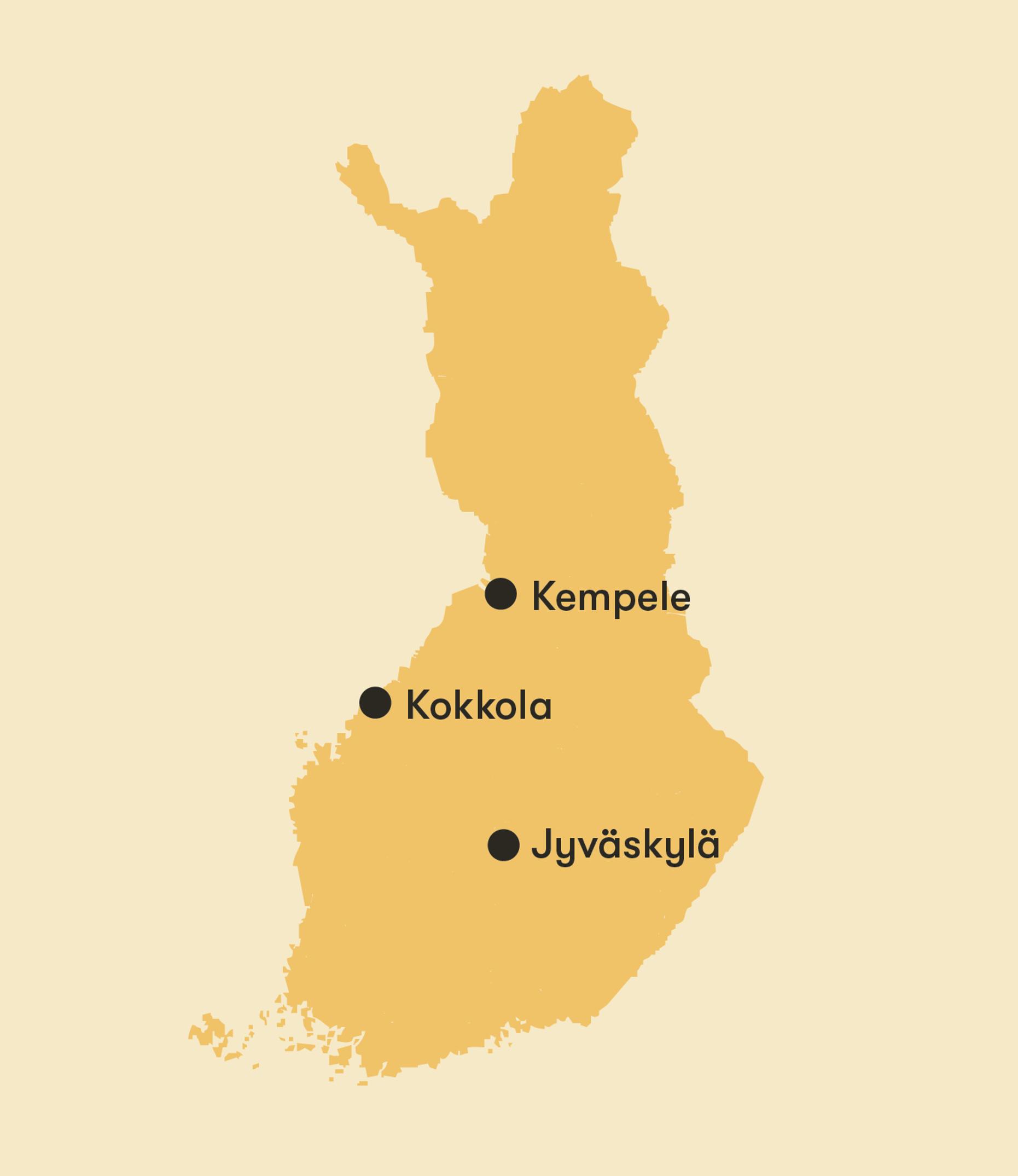 A map of Finland marking three cities: Jyväskylä, Kokkola, and Kempele