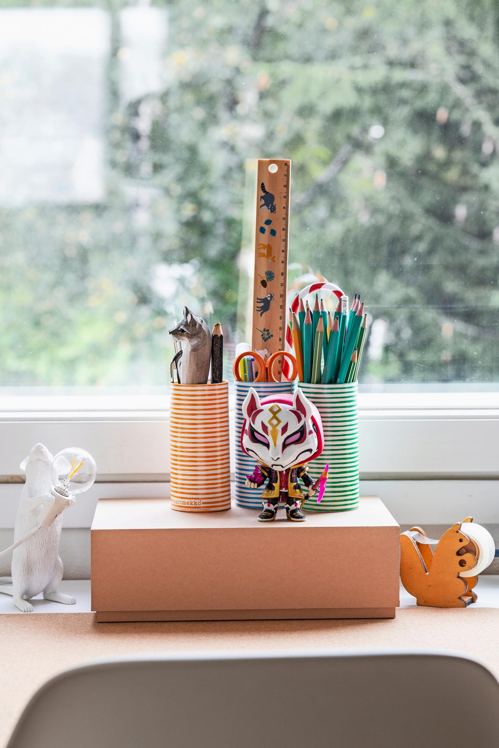 Marimekko pencil holders on a desk
