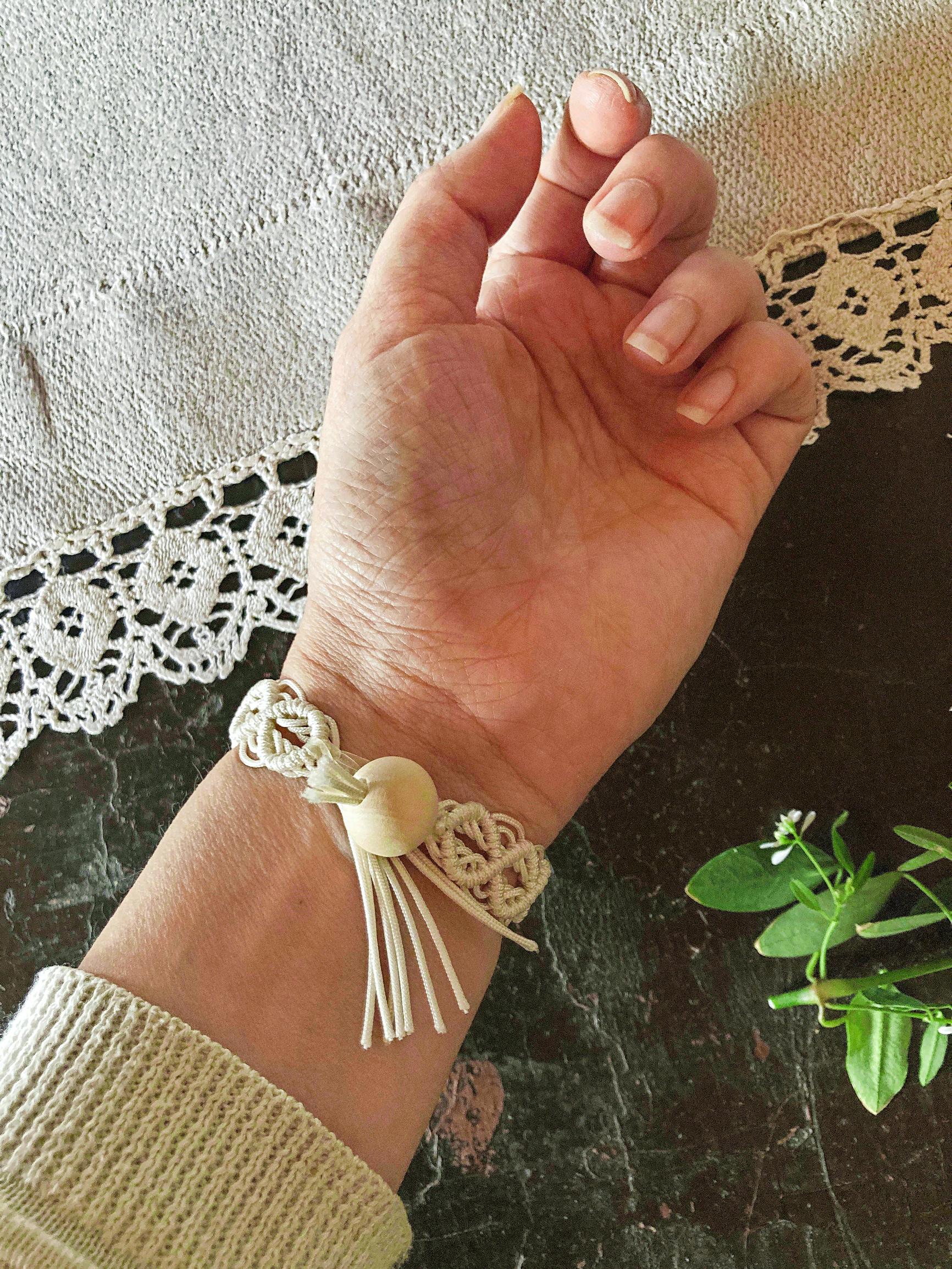 Photo of the finished strap on a wrist, palm side up.