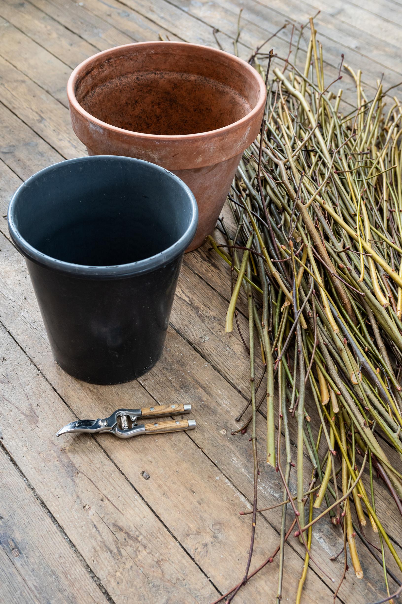 Photo of the supplies: pots and a large bundle of branches.