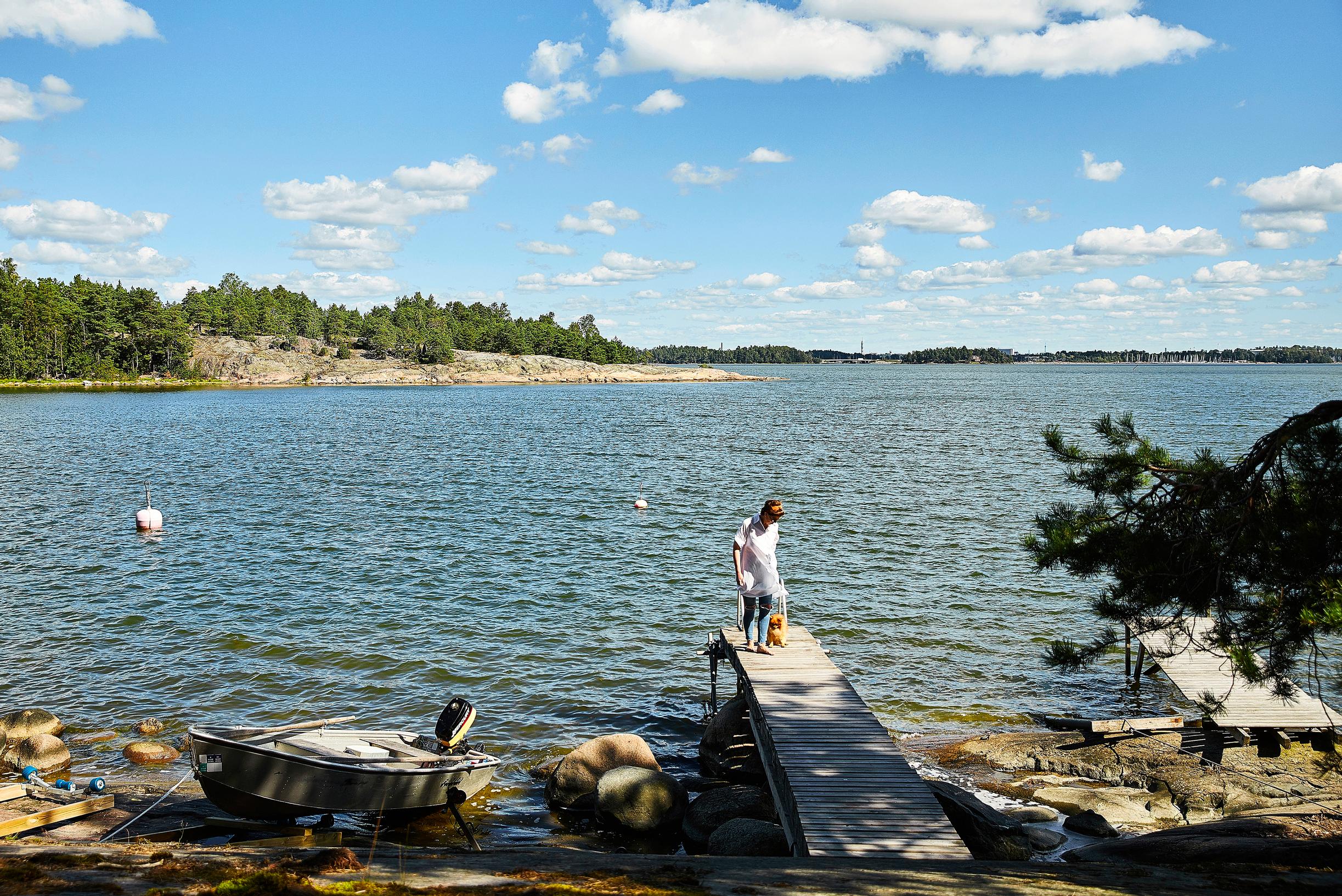 Mirka Saarinen on the cabin dock