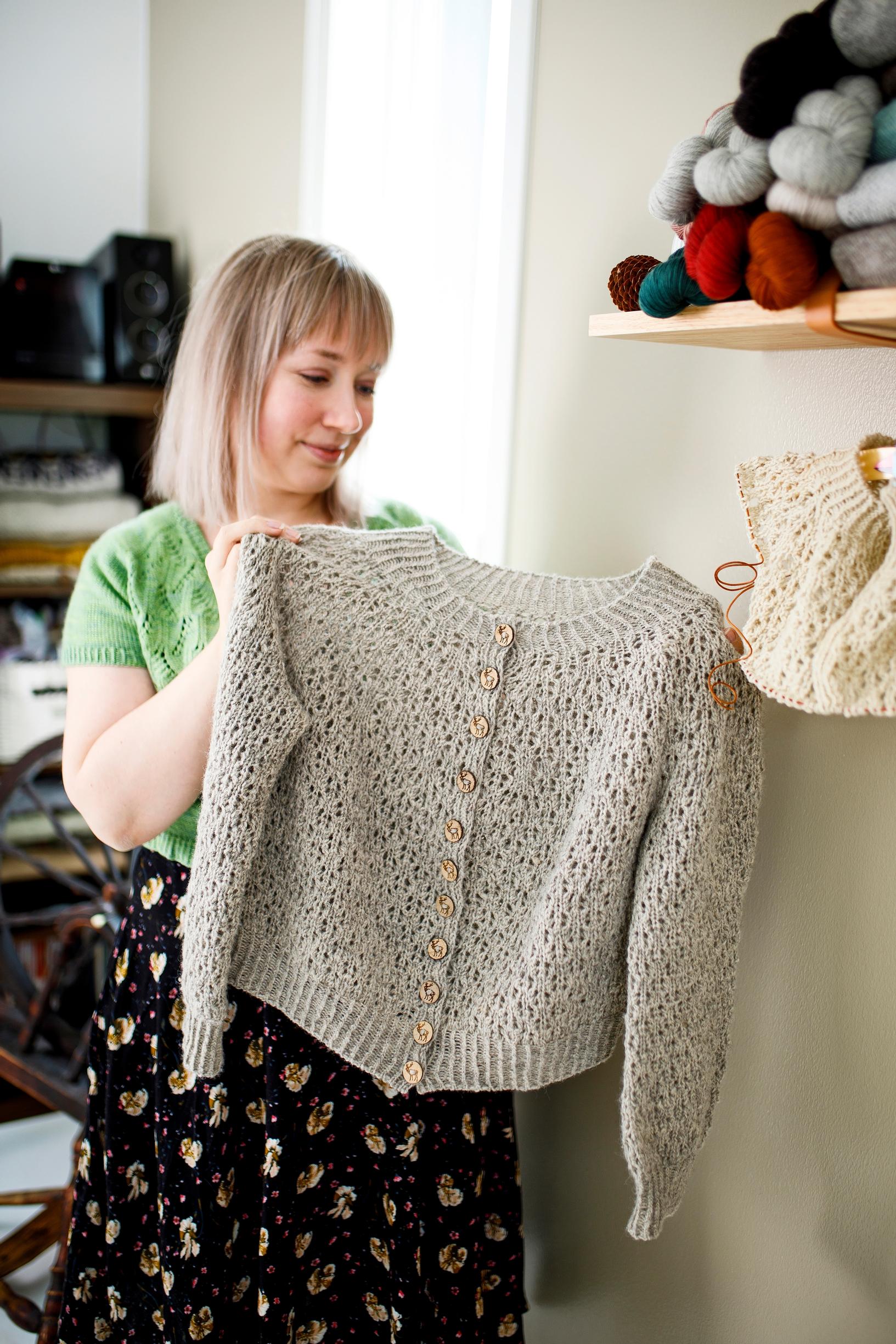 A lace-patterned cardigan.