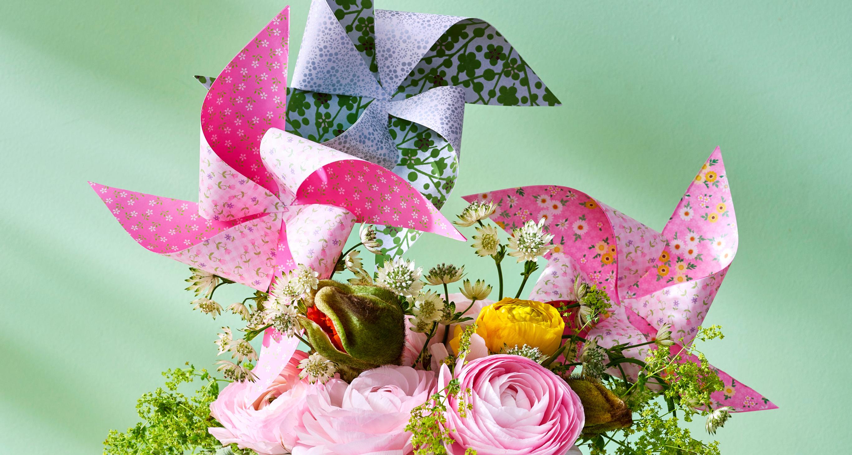 How to make a paper pinwheel from colourful paper—see our easy instructions