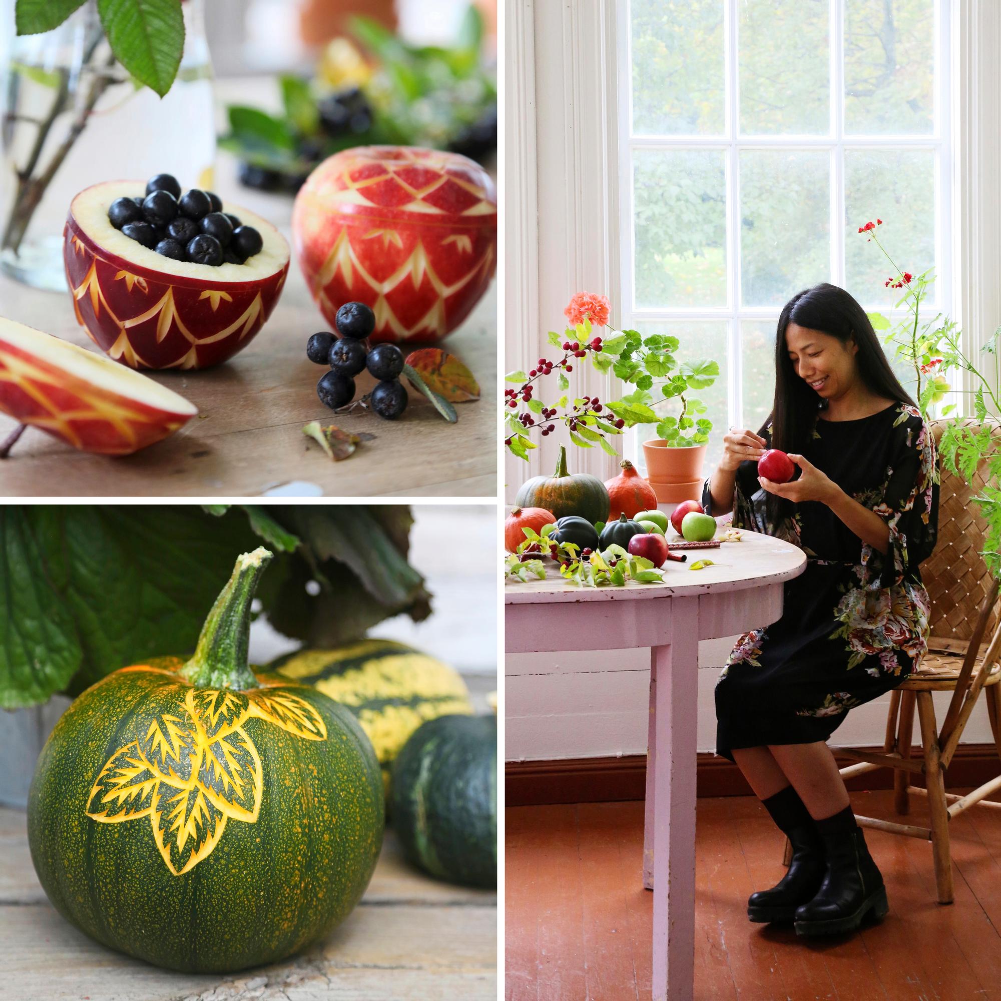 Have you ever seen a prettier apple or pumpkin? Kanako adorns vegetables with fairy-tale designs—“This is easy. All you need to do is peel the fruit”