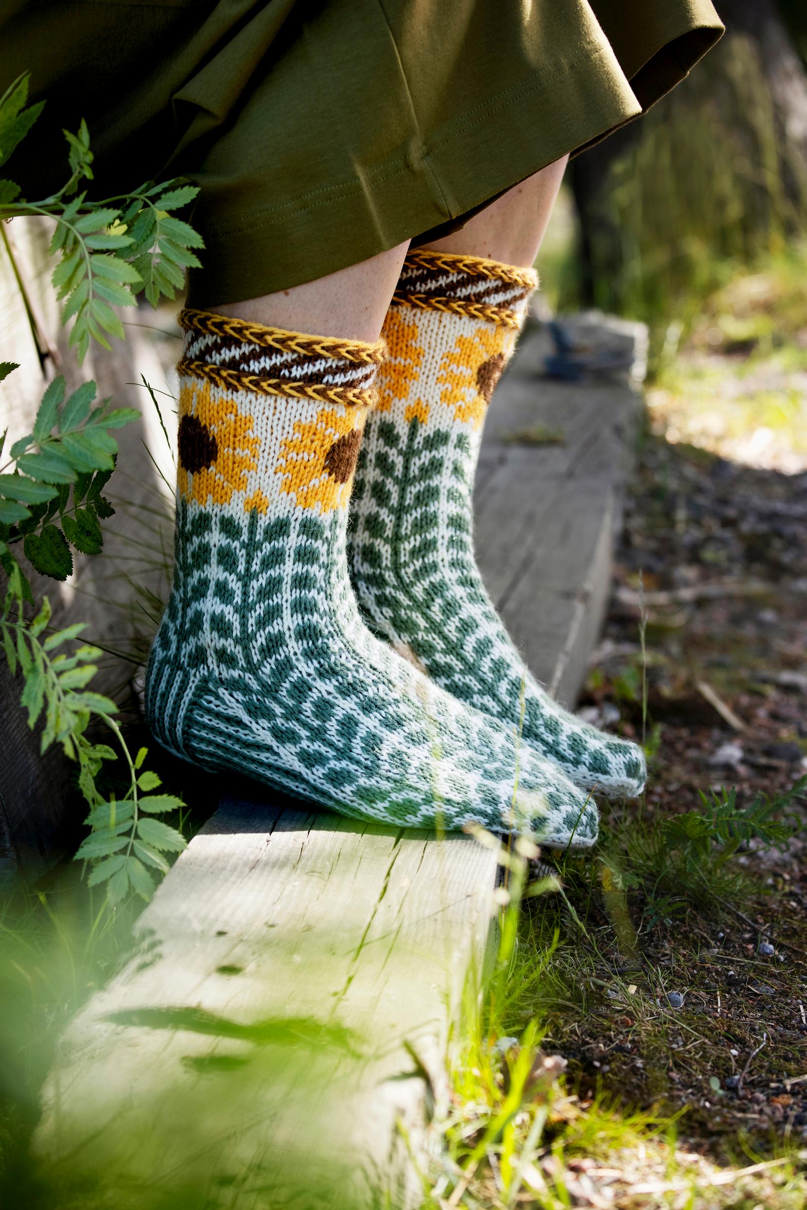 Capture the radiant bloom of summer in the Sunflower socks—downloadable pattern!