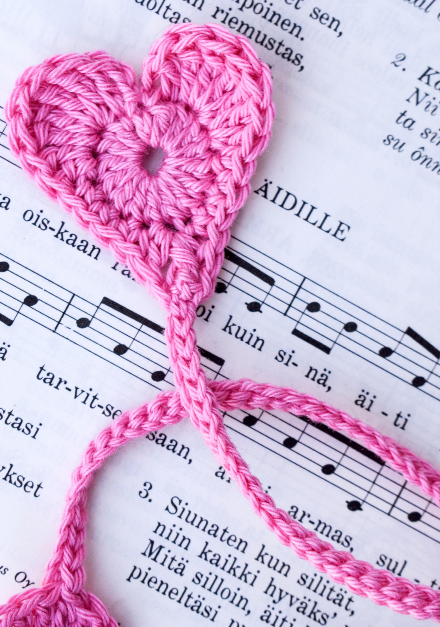 Close-up of a crocheted heart bookmark