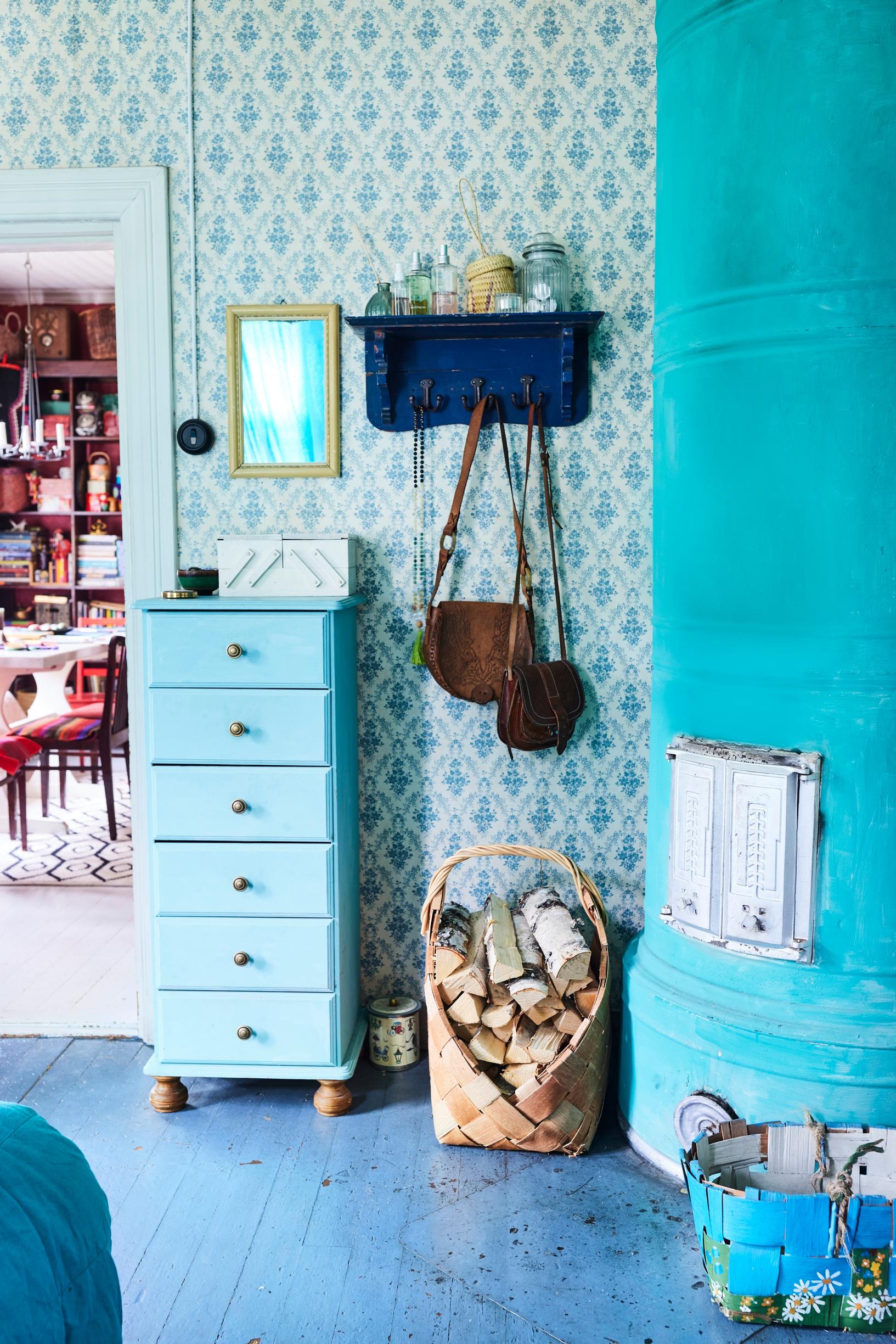 Turquoise painted tiled stove