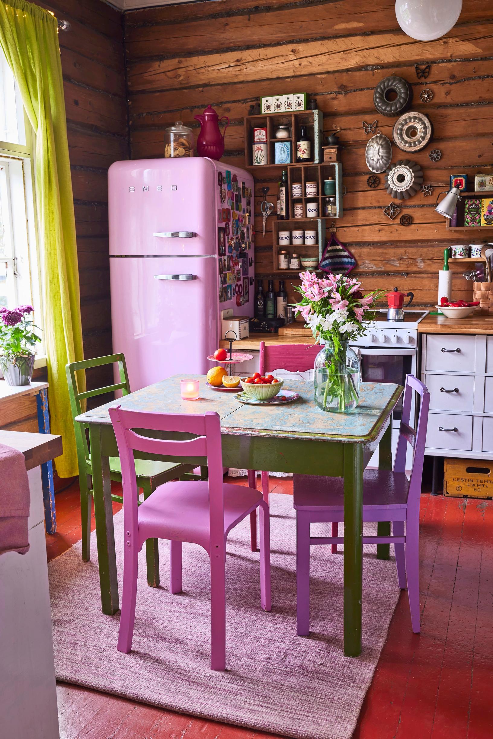 Pink fridge in the kitchen