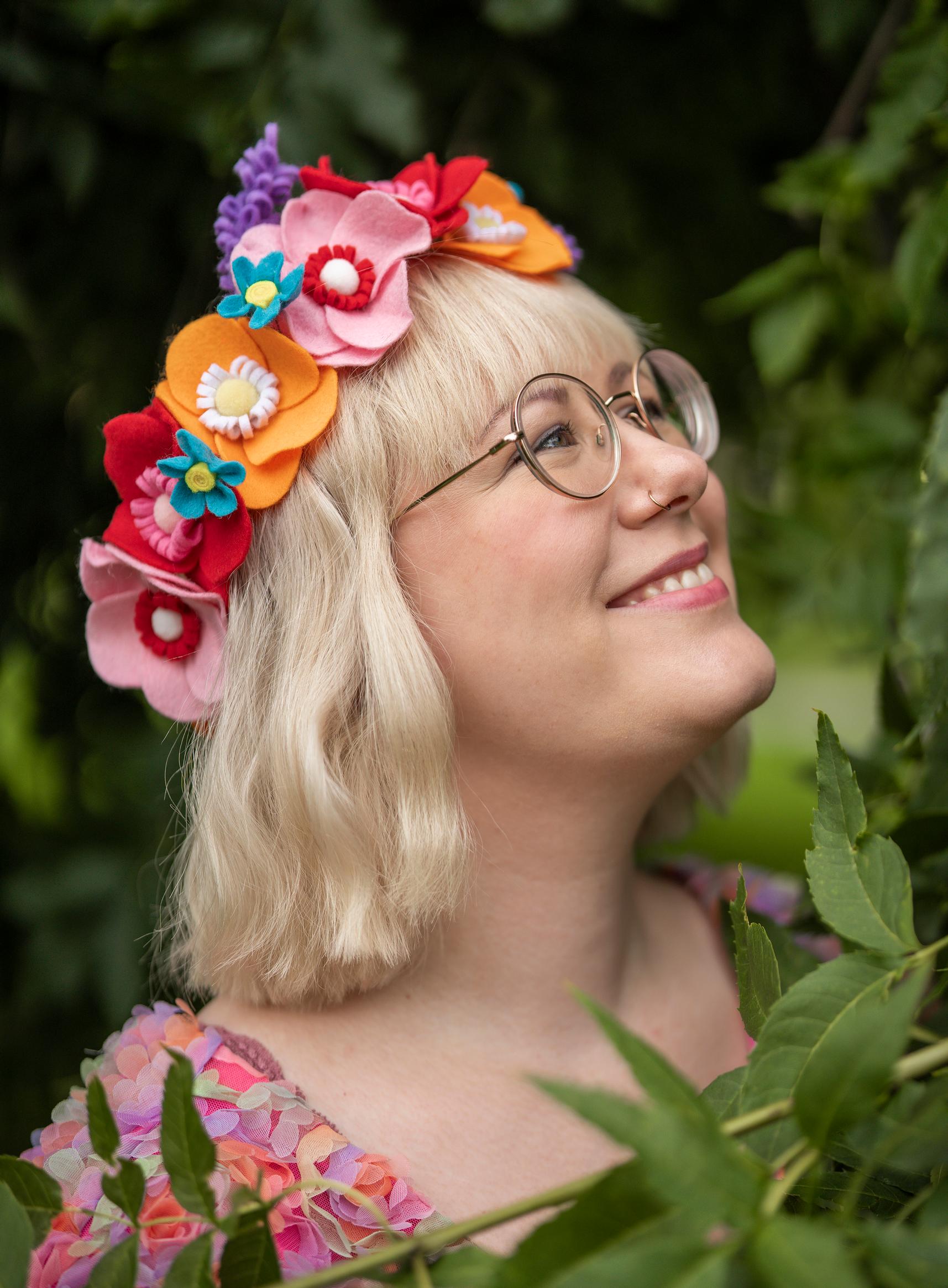Felt flower wreath on a model’s head