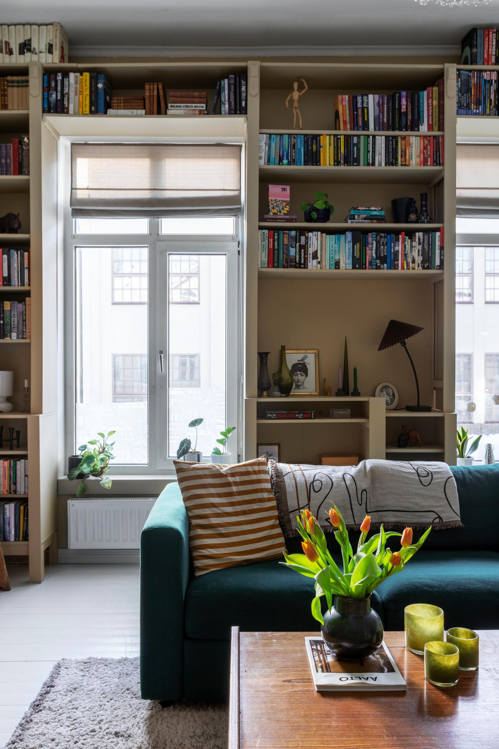 A wall-to-wall bookcase encircling the windows in the living room.