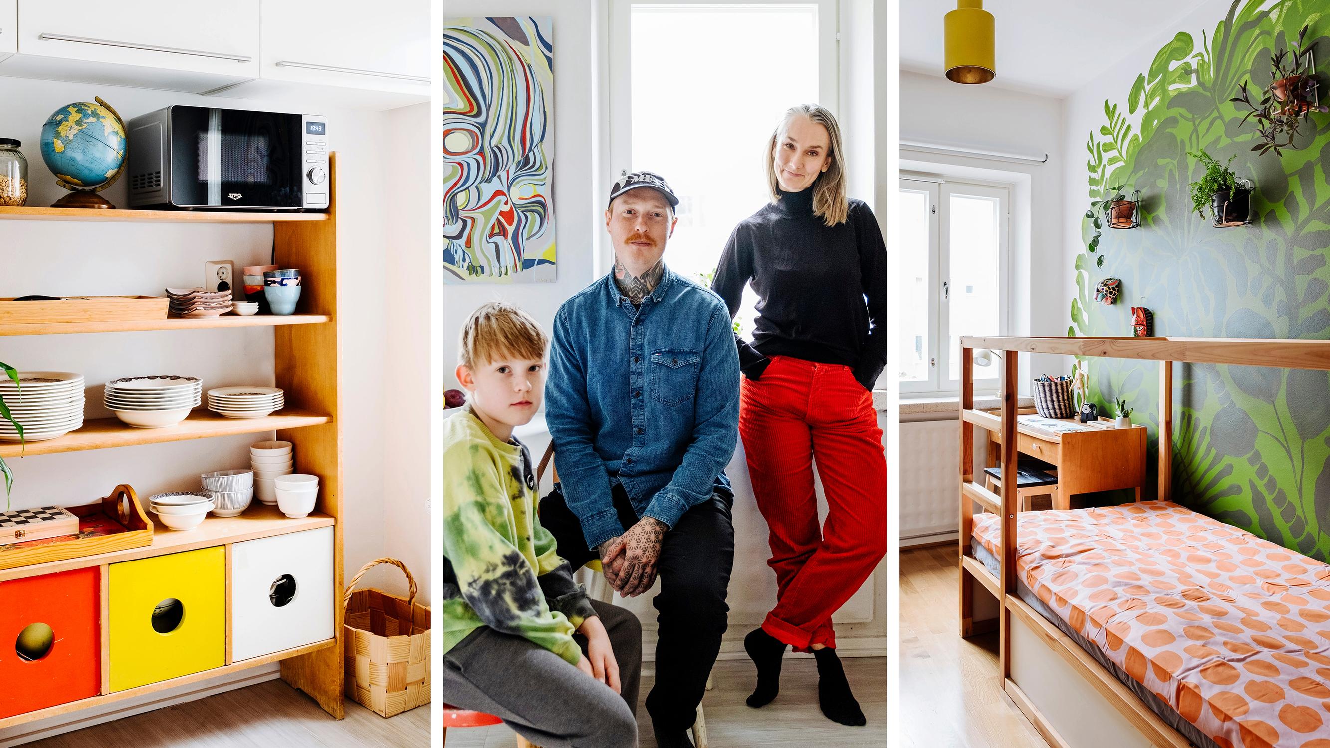 Inside an illustrator and a tattoo artist’s home—DIY checkered wallpaper and a jungle mural