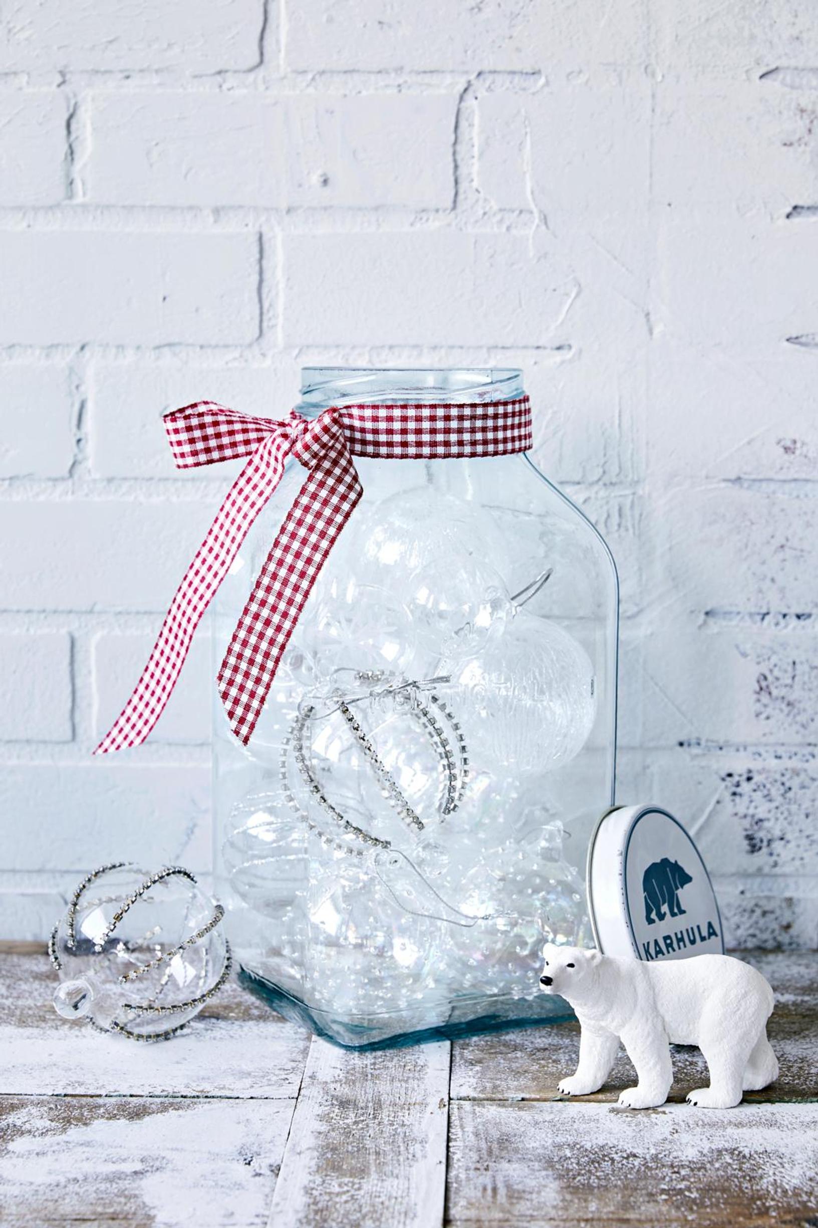 glass ornaments in a glass jar