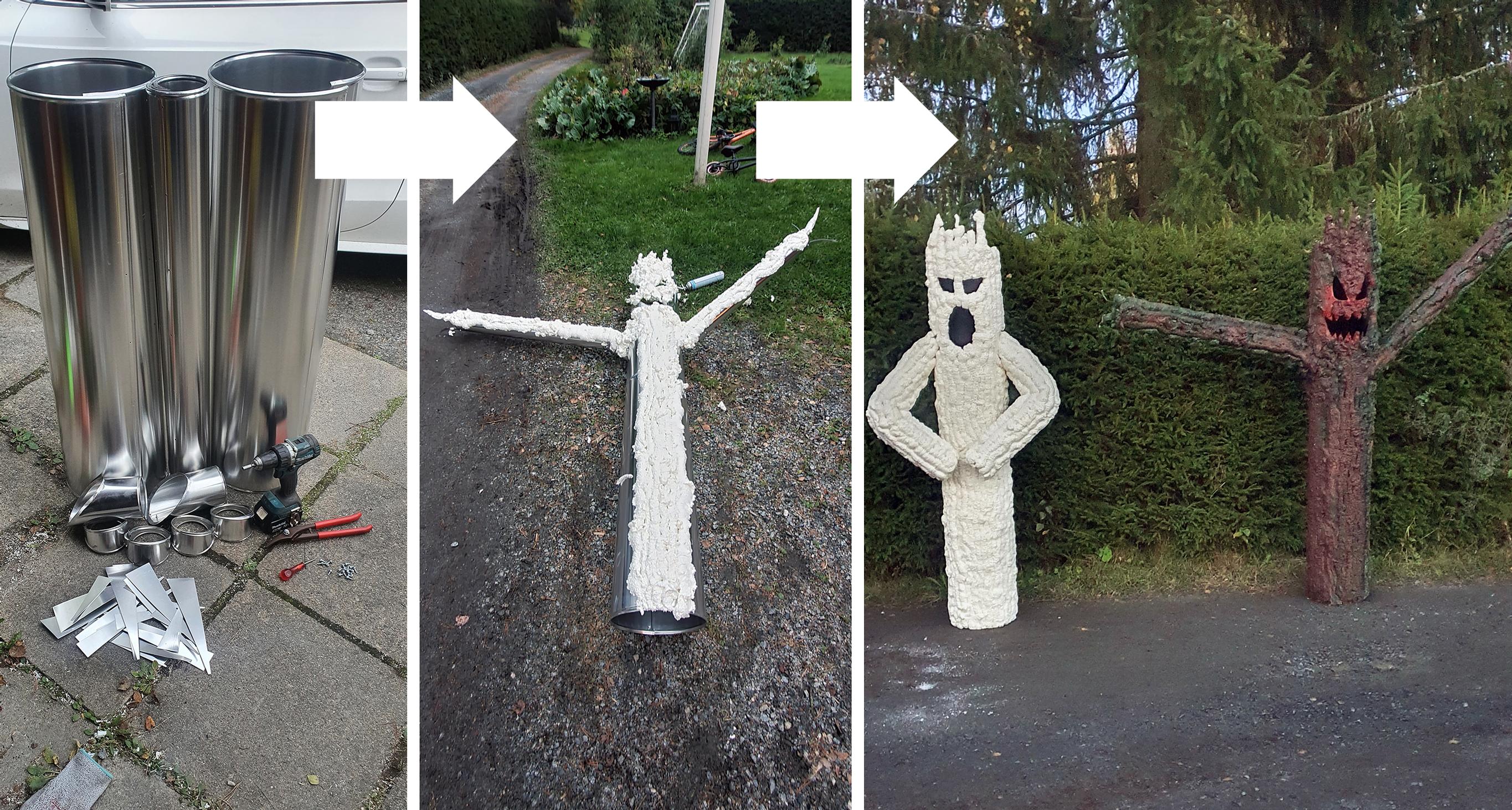 Frightening yard trees built from metal pipes, covered in polyurethane foam and paint.