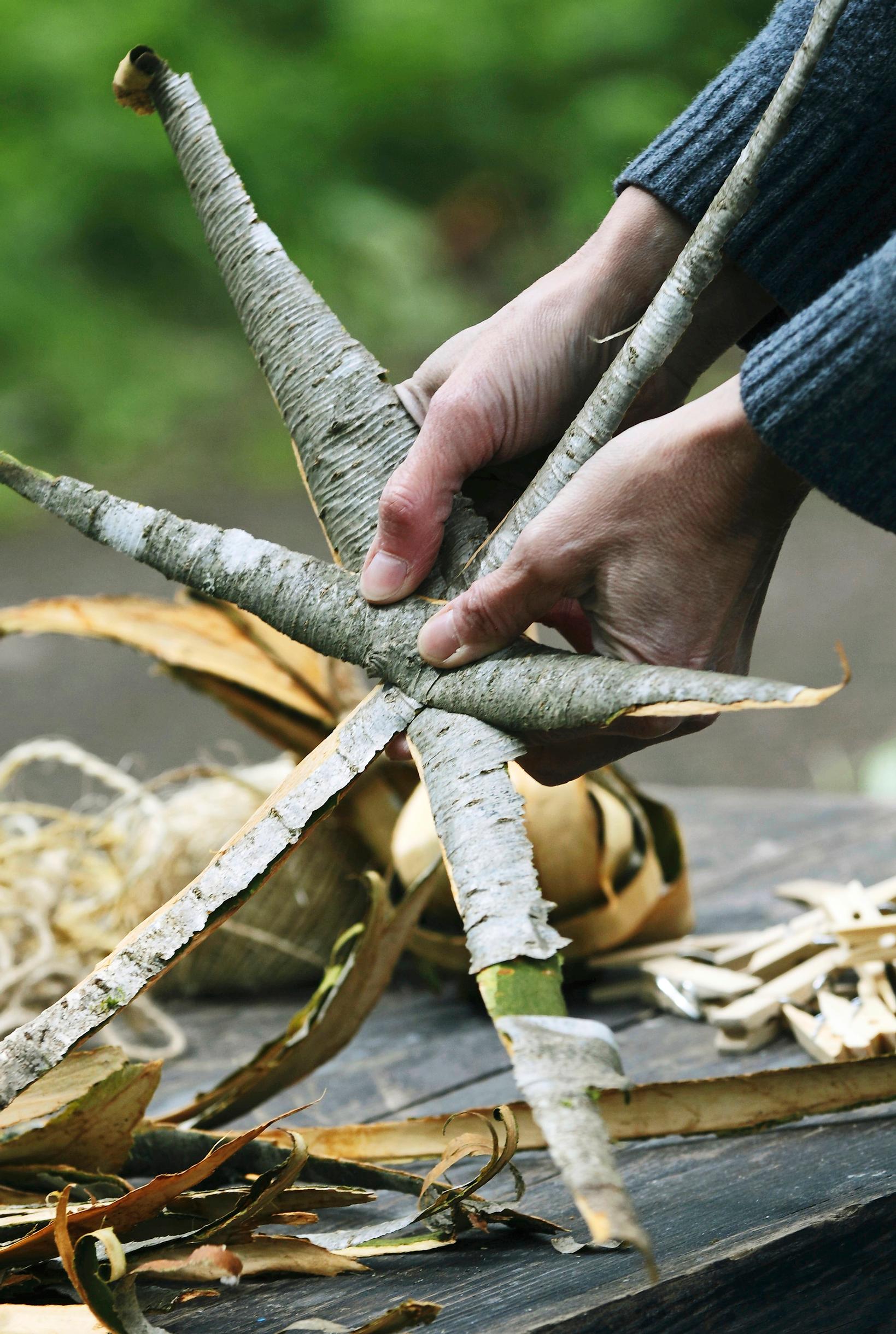 Homemade fire starters: bundling bark strips