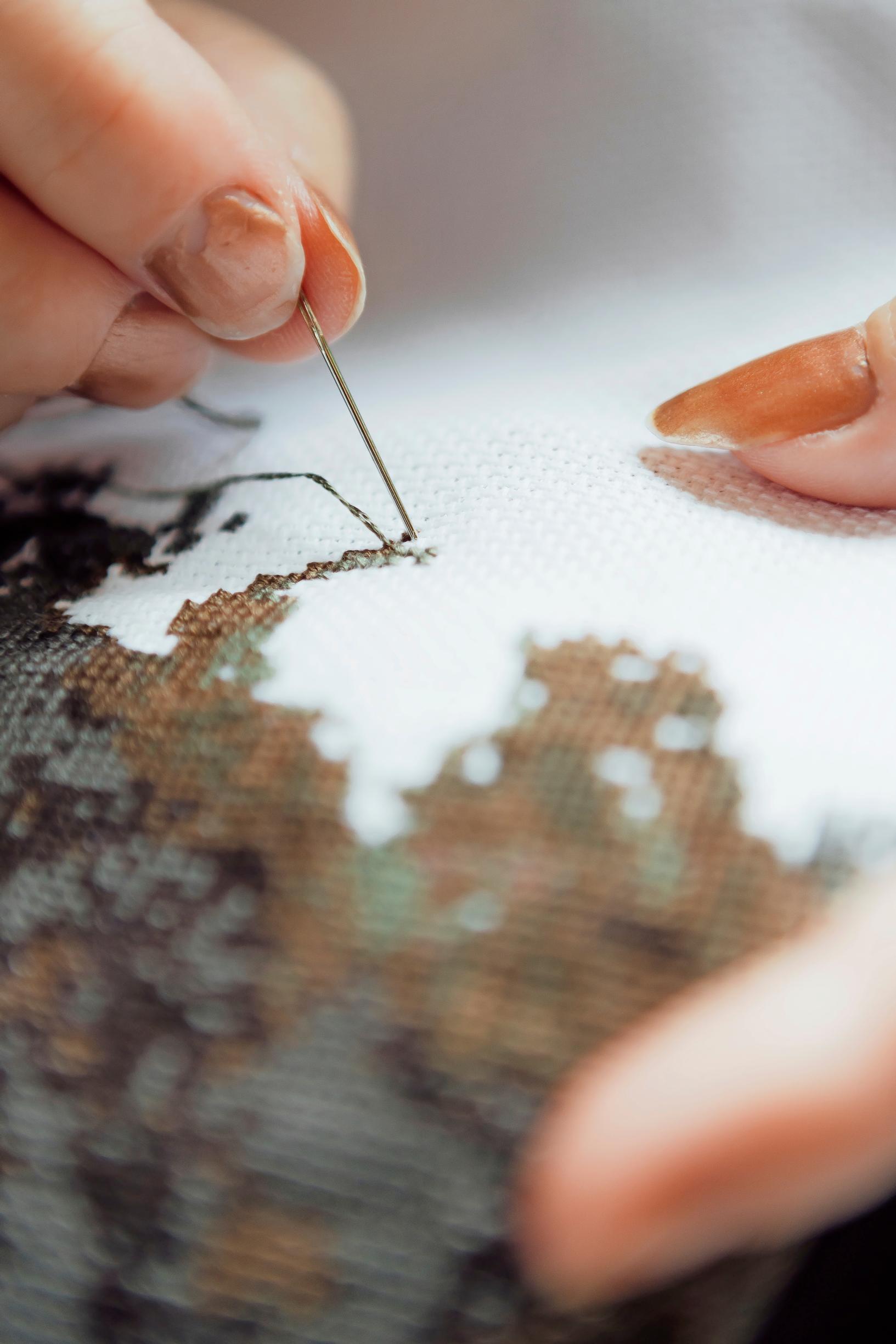 A close-up of Tanja’s hands and a cross-stitch piece.