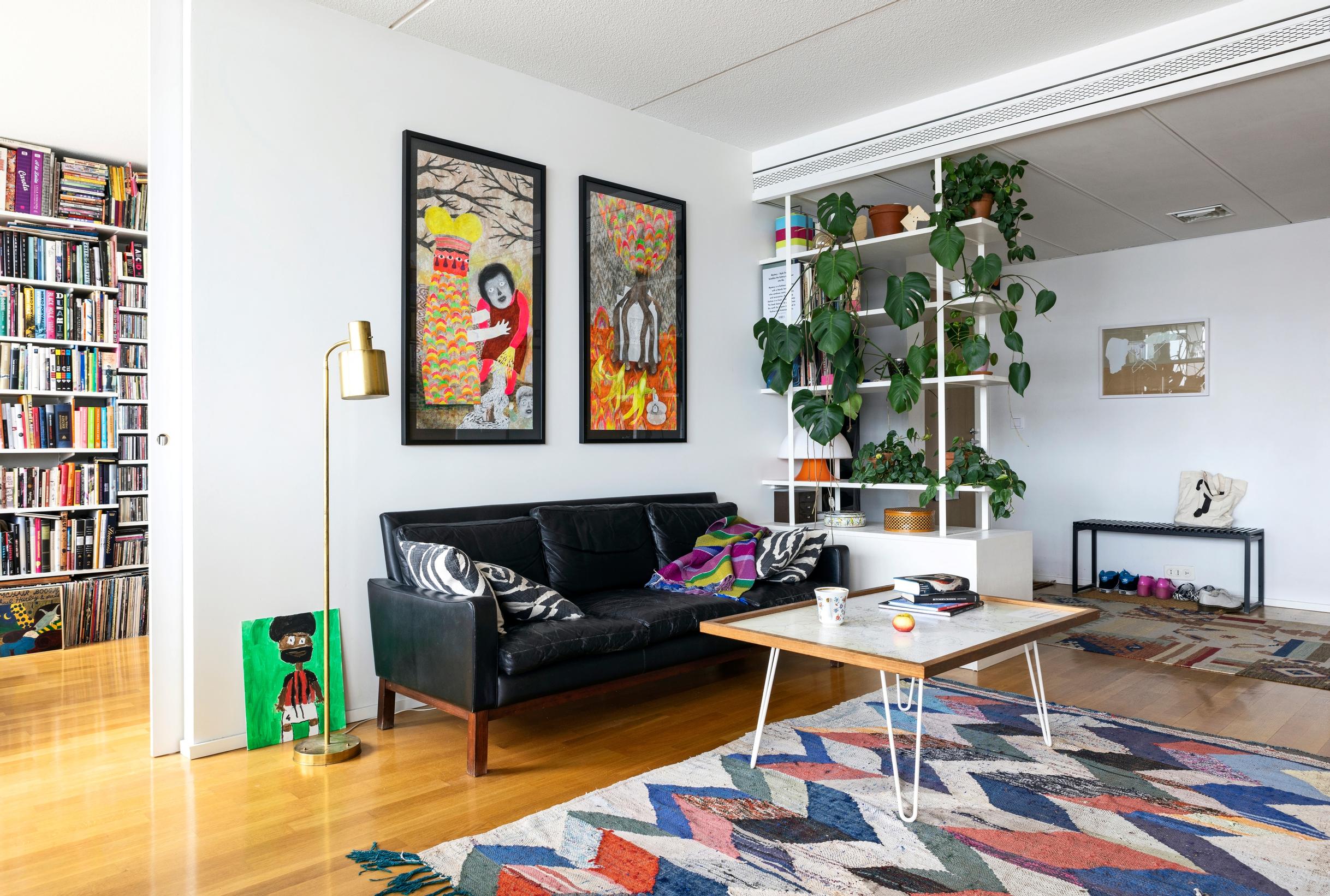 Living room featuring works by Pauliina Mäkelä