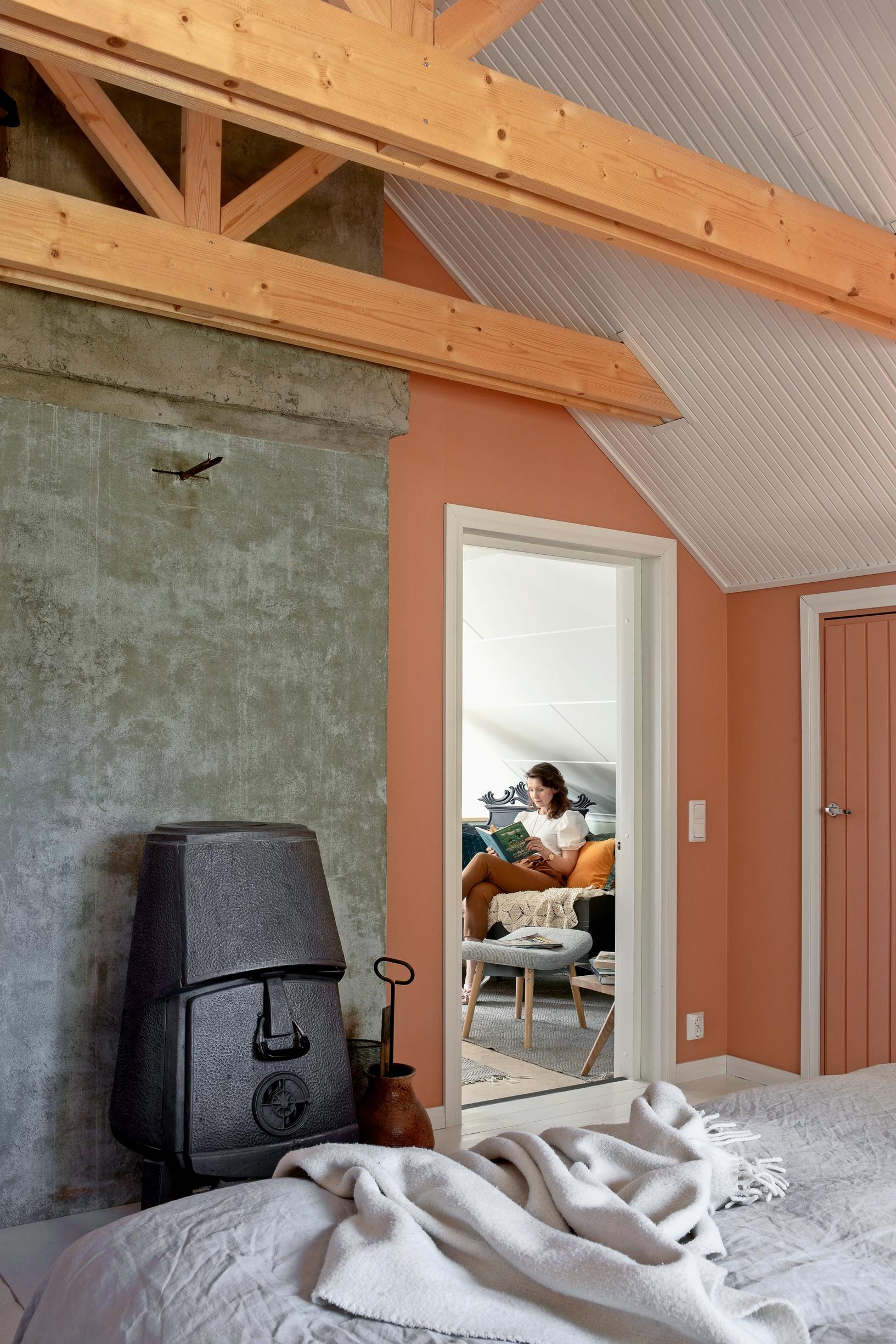 cast-iron stove in the bedroom