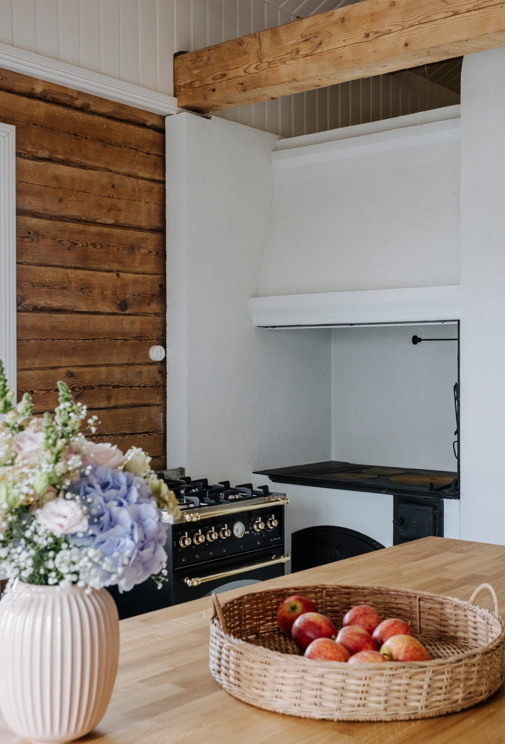 Wood stove and gas stove side by side in the corner of the living room