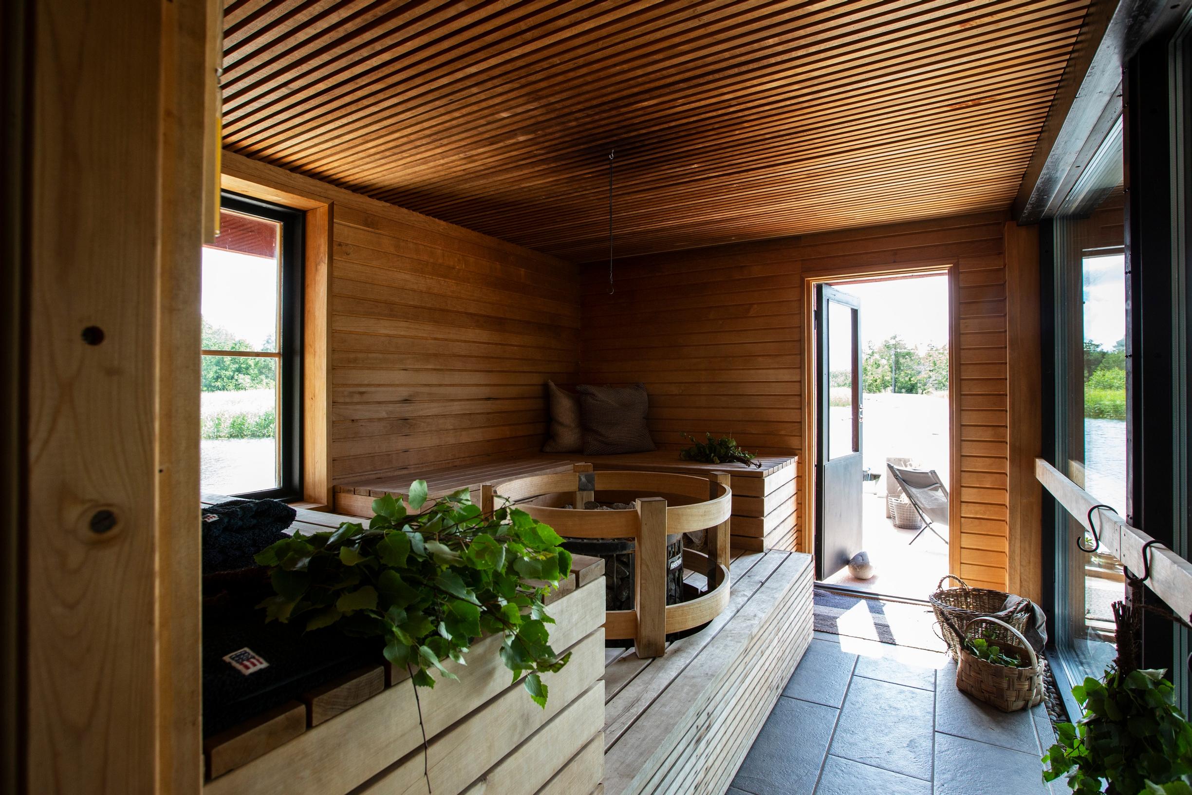 A Japanese-inspired sauna leading out to the dock.