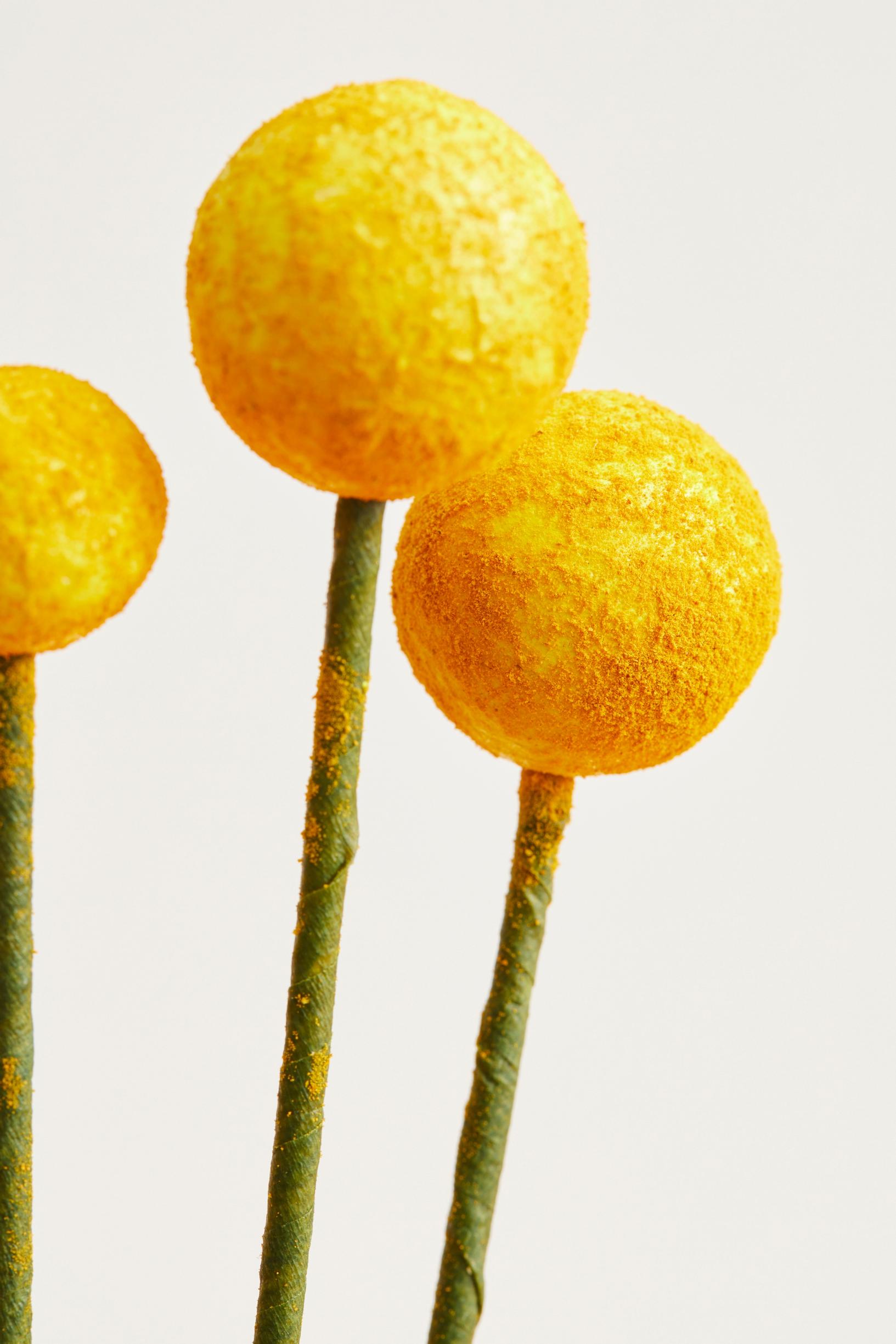 A close-up of billy buttons made from paper