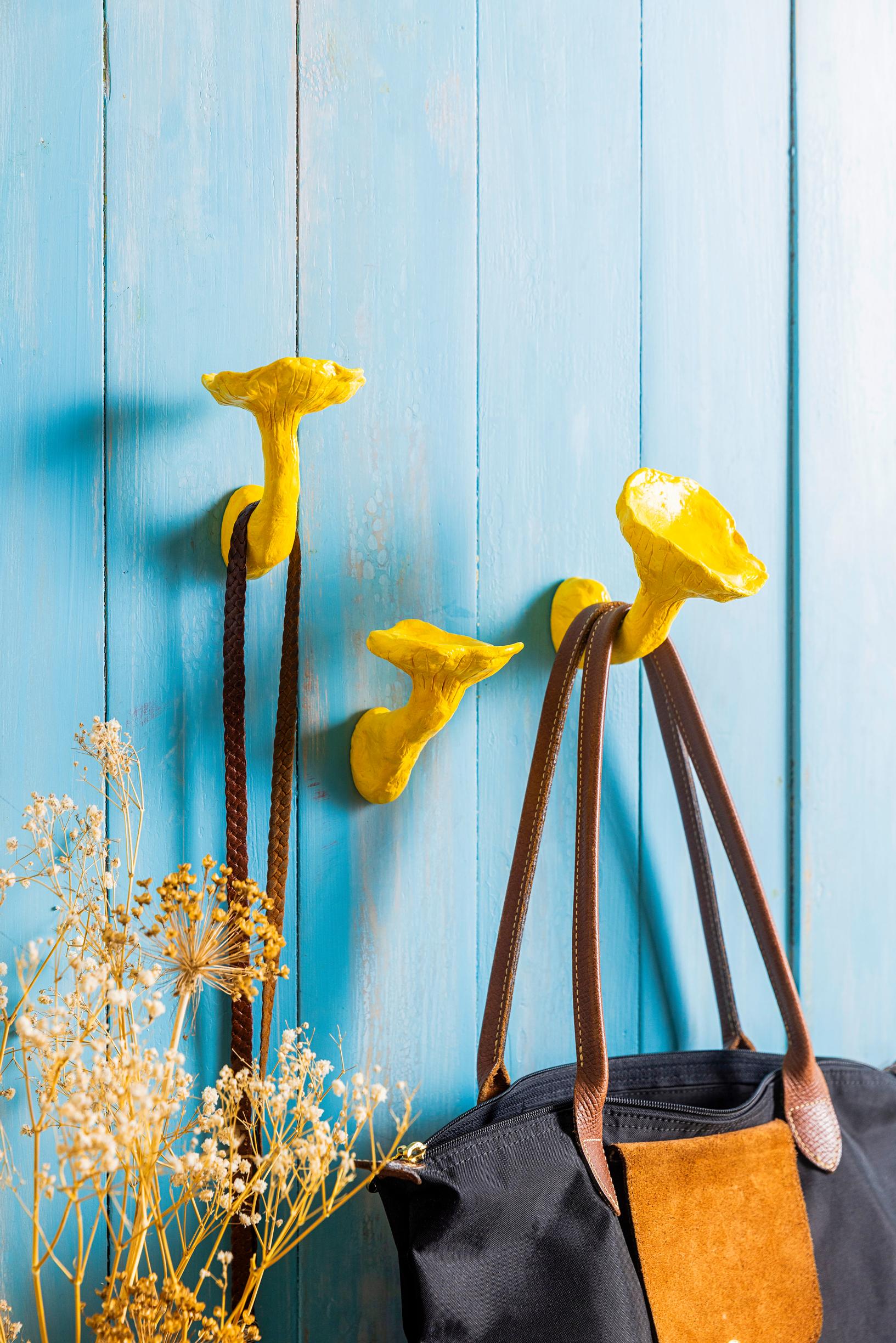 Finished chanterelle hooks on the wall.