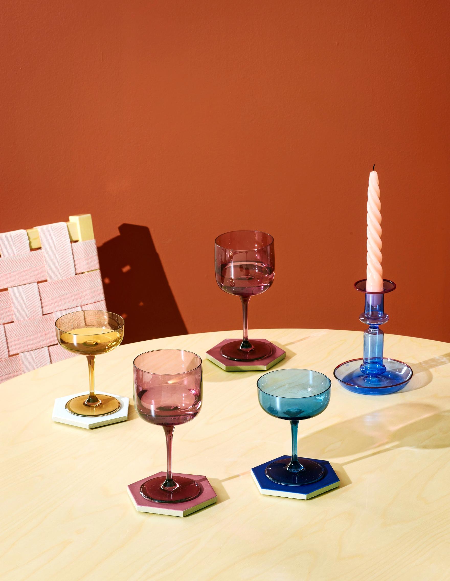 Hexagonal tiles used as coasters.