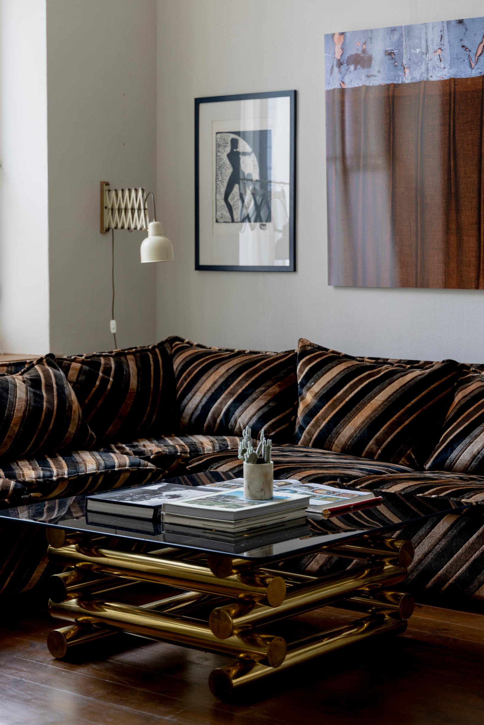 A 1970s striped velvet sofa