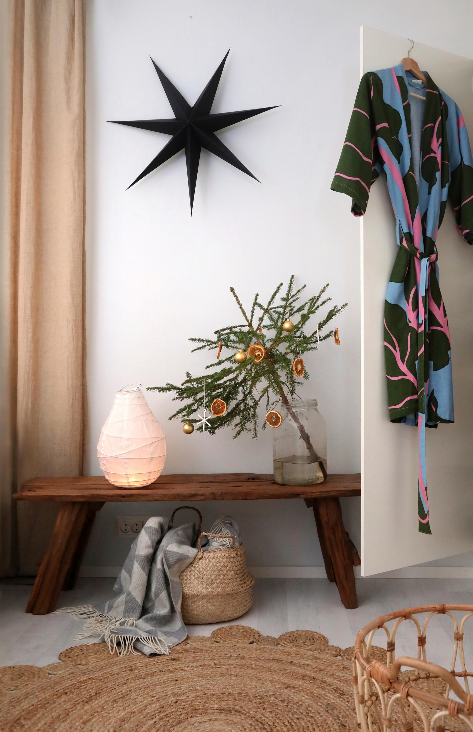 A spruce in a vase on a bench